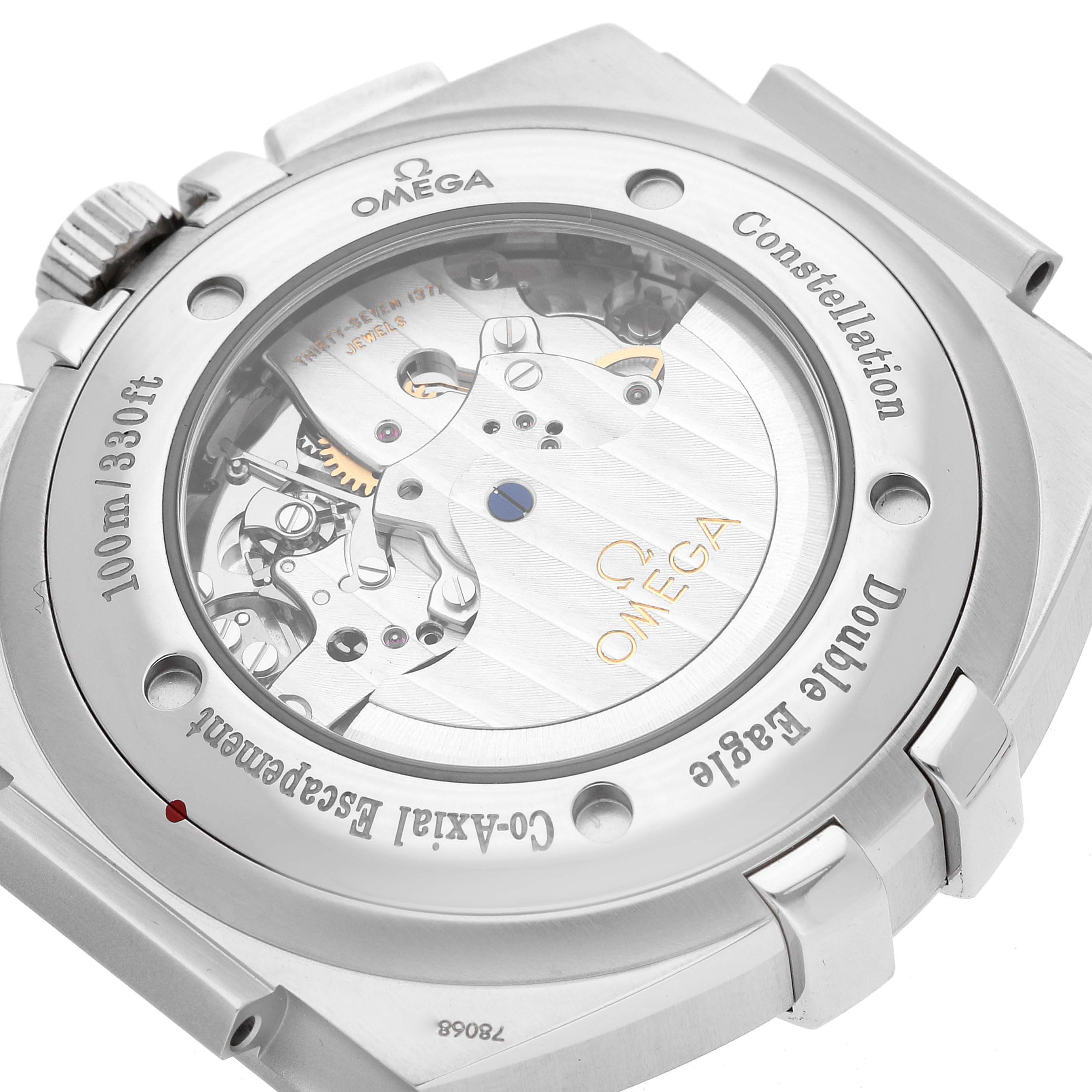 The image shows the back of the Omega Constellation 1819.51.91 Men's Stainless Steel Black Dial 1819.51.91 Men's Stainless Steel Black Dial watch, highlighting its internal mechanism and engravings.