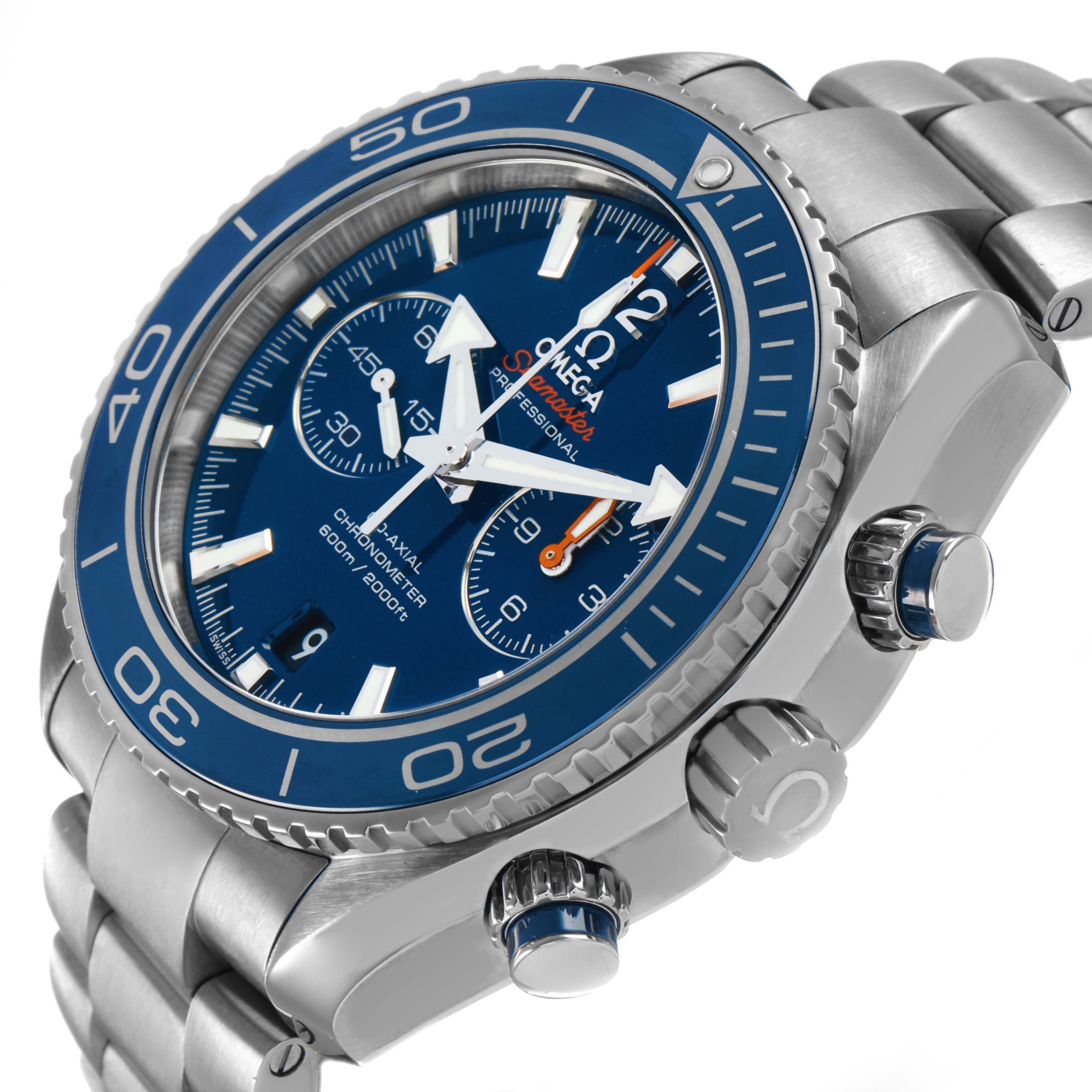 The Omega Planet Ocean 232.90.46.51.03.001 Men's Titanium Blue Dial watch is shown from a three-quarter angle, highlighting the dial, bezel, pushers, and bracelet.