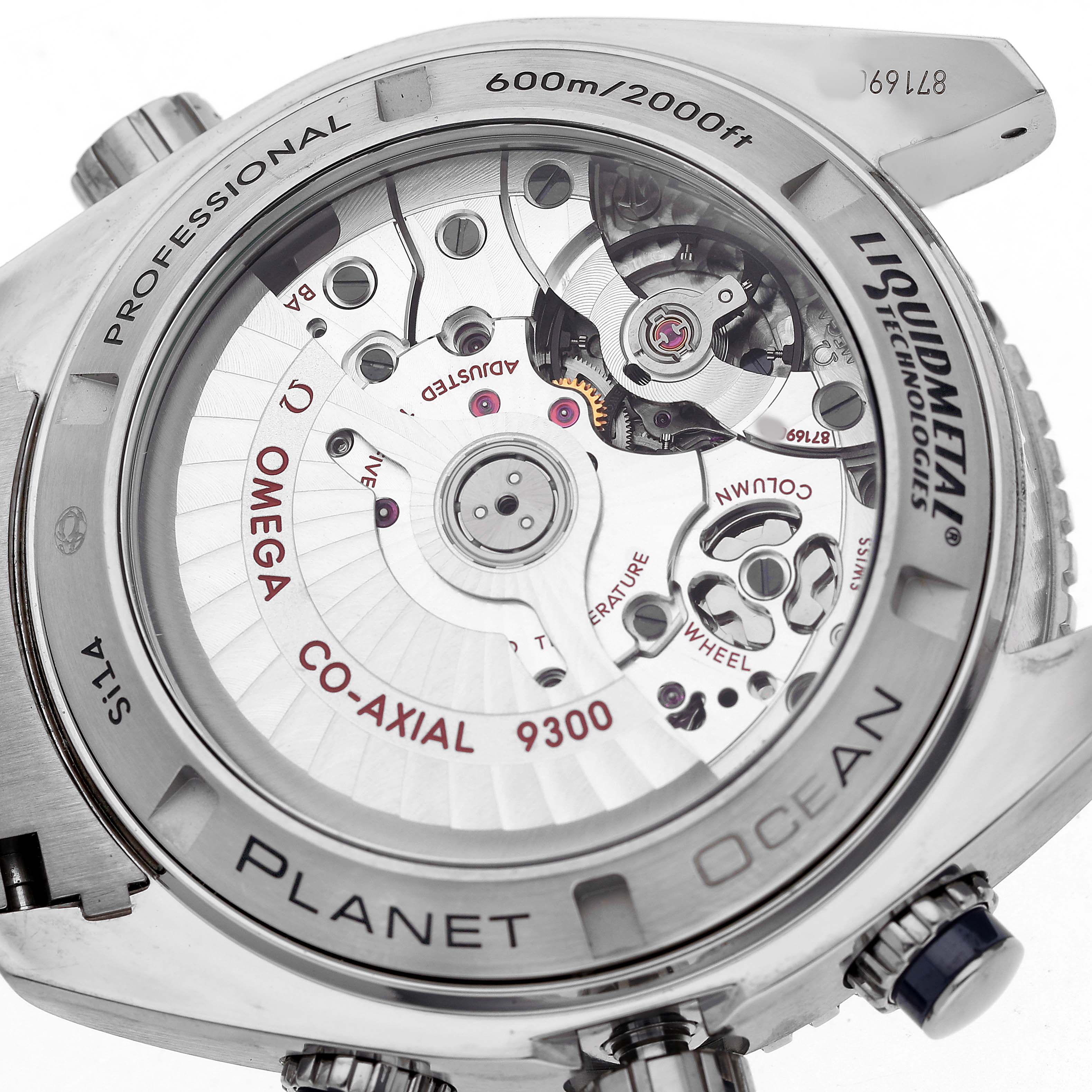 The image shows the back of an Omega Planet Ocean 232.90.46.51.03.001 Men's Titanium Blue Dial watch, highlighting the Co-Axial 9300 movement through a transparent case back.