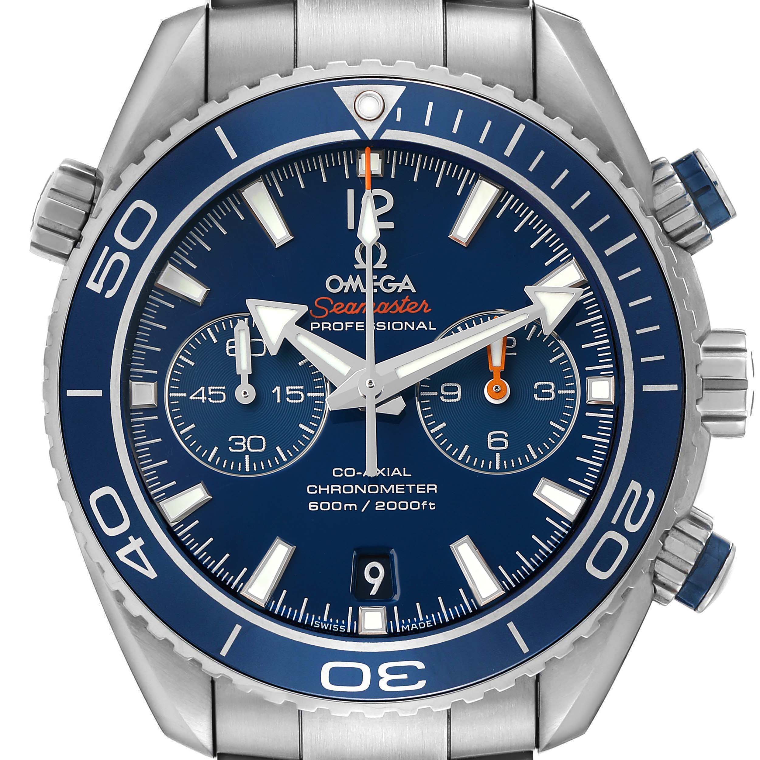 The Omega Planet Ocean 232.90.46.51.03.001 Men's Titanium Blue Dial watch is shown from the front, displaying its blue dial, subdials, bezel, and crown.
