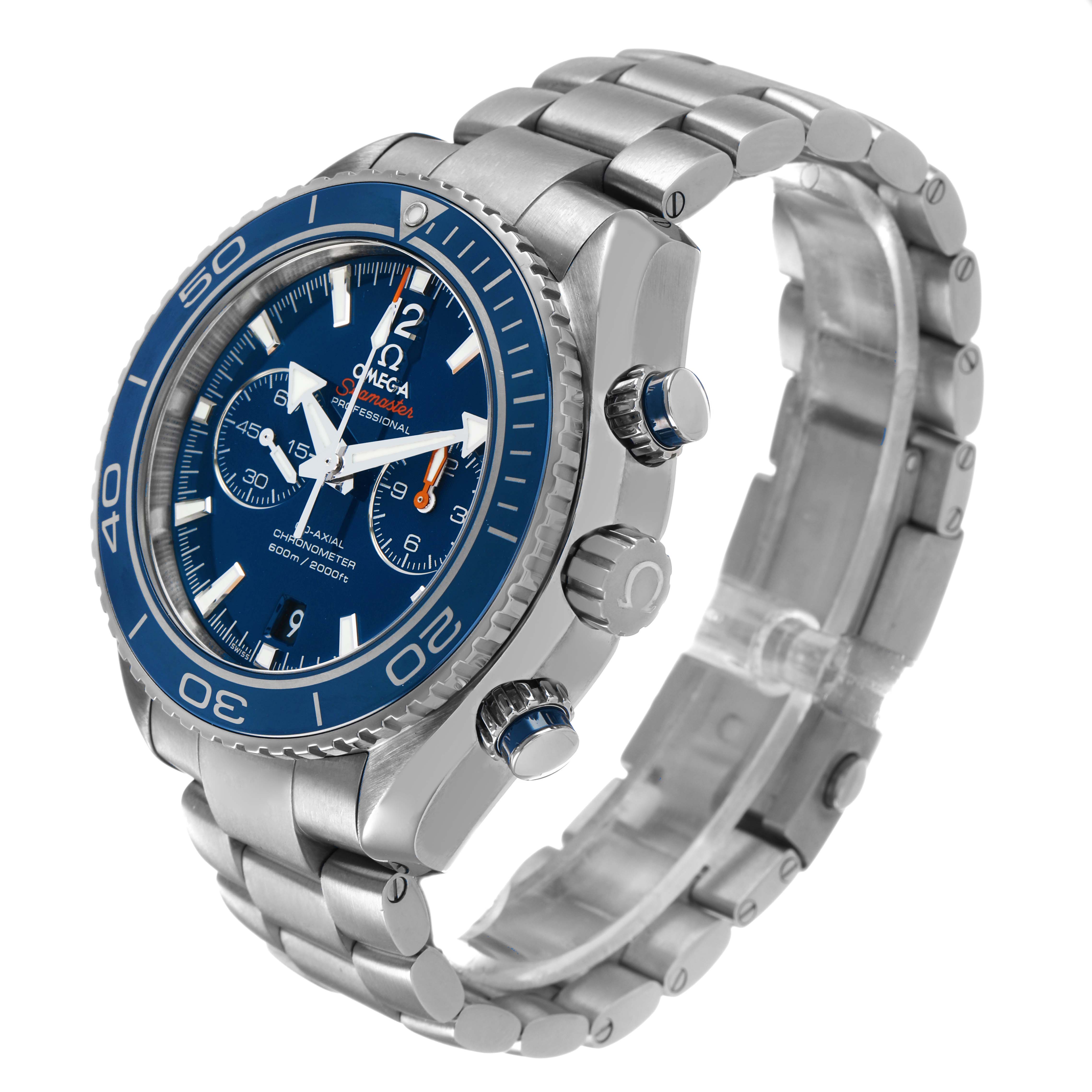 The Omega Planet Ocean 232.90.46.51.03.001 Men's Titanium Blue Dial watch is shown at a slight angle, highlighting the bezel, crowns, dial, and bracelet.