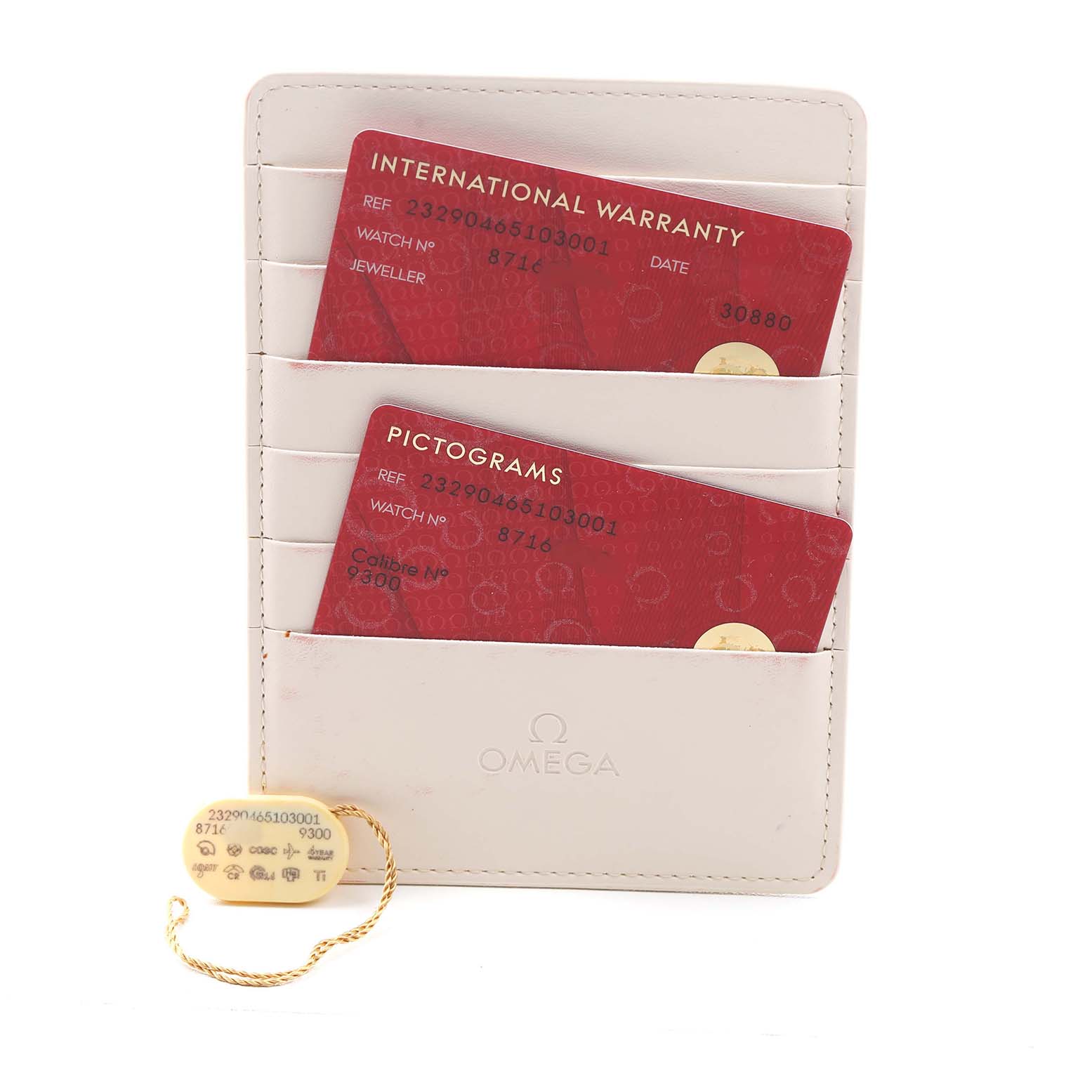 The image shows Omega Planet Ocean 232.90.46.51.03.001 Men's Titanium Blue Dial accessories including warranty cards and a tag, displayed in a leather cardholder.