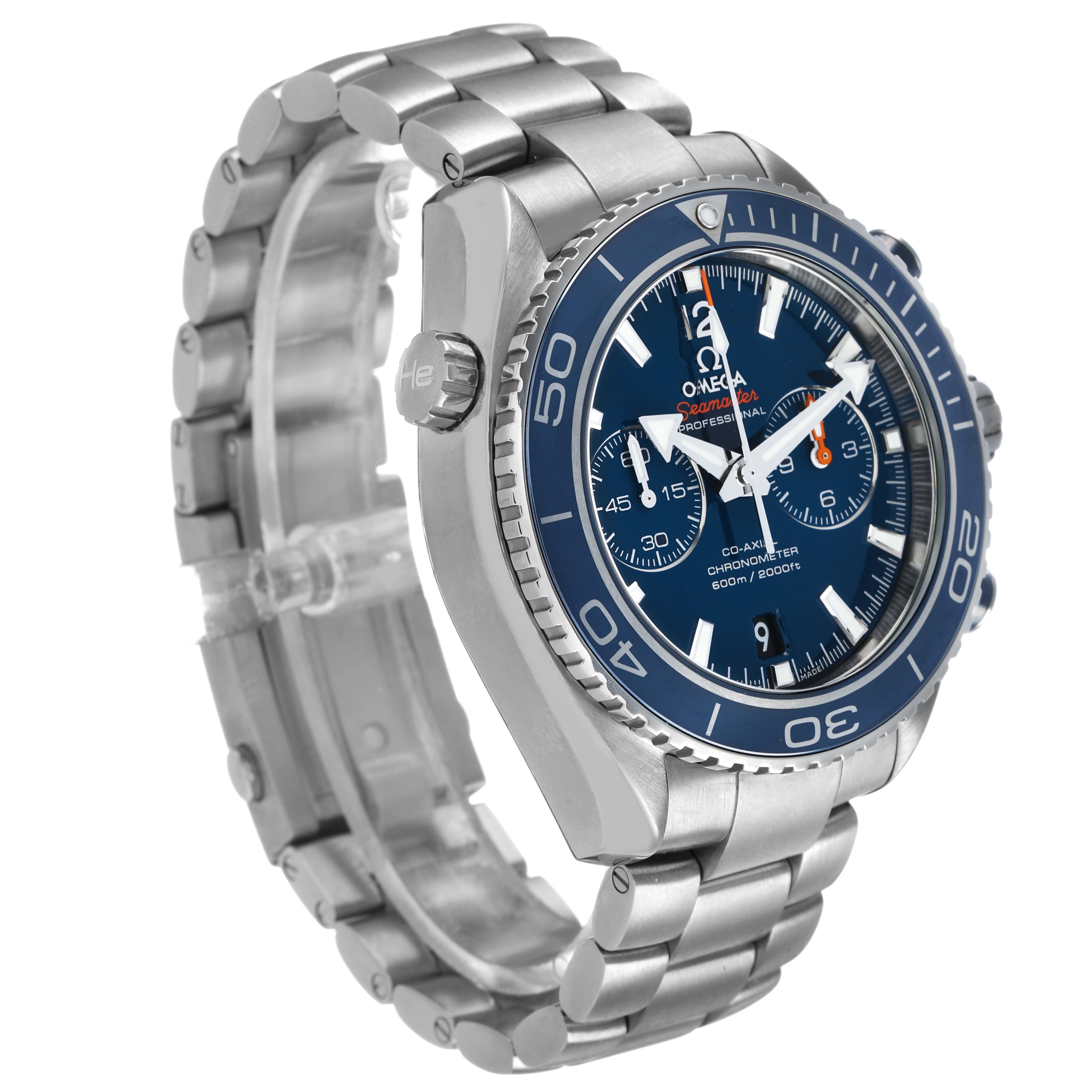 The Omega Planet Ocean 232.90.46.51.03.001 Men's Titanium Blue Dial watch is shown at a three-quarter angle, highlighting the face, bezel, crown, and bracelet.