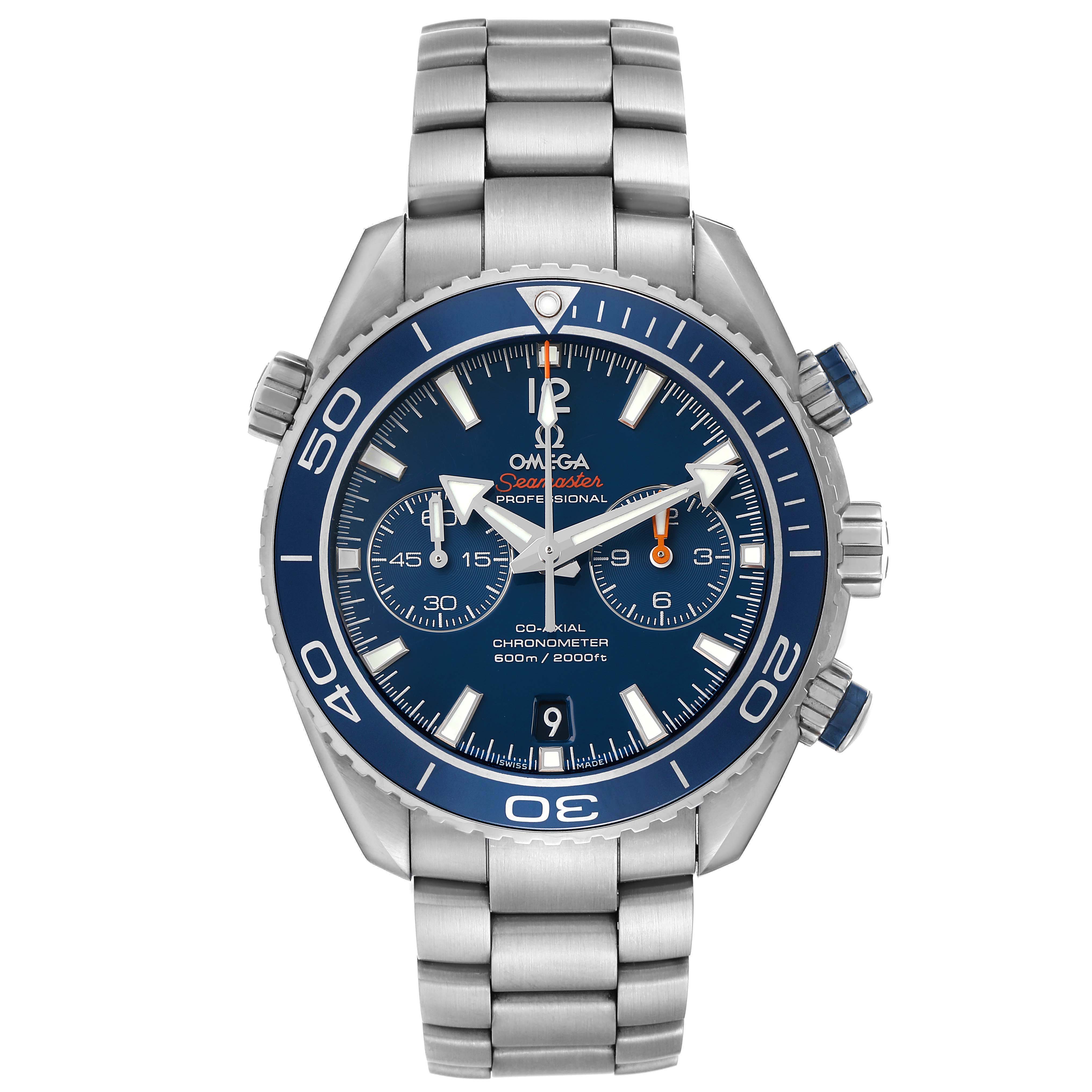 The Omega Planet Ocean 232.90.46.51.03.001 Men's Titanium Blue Dial watch is shown from the front, displaying the dial, bezel, and bracelet.