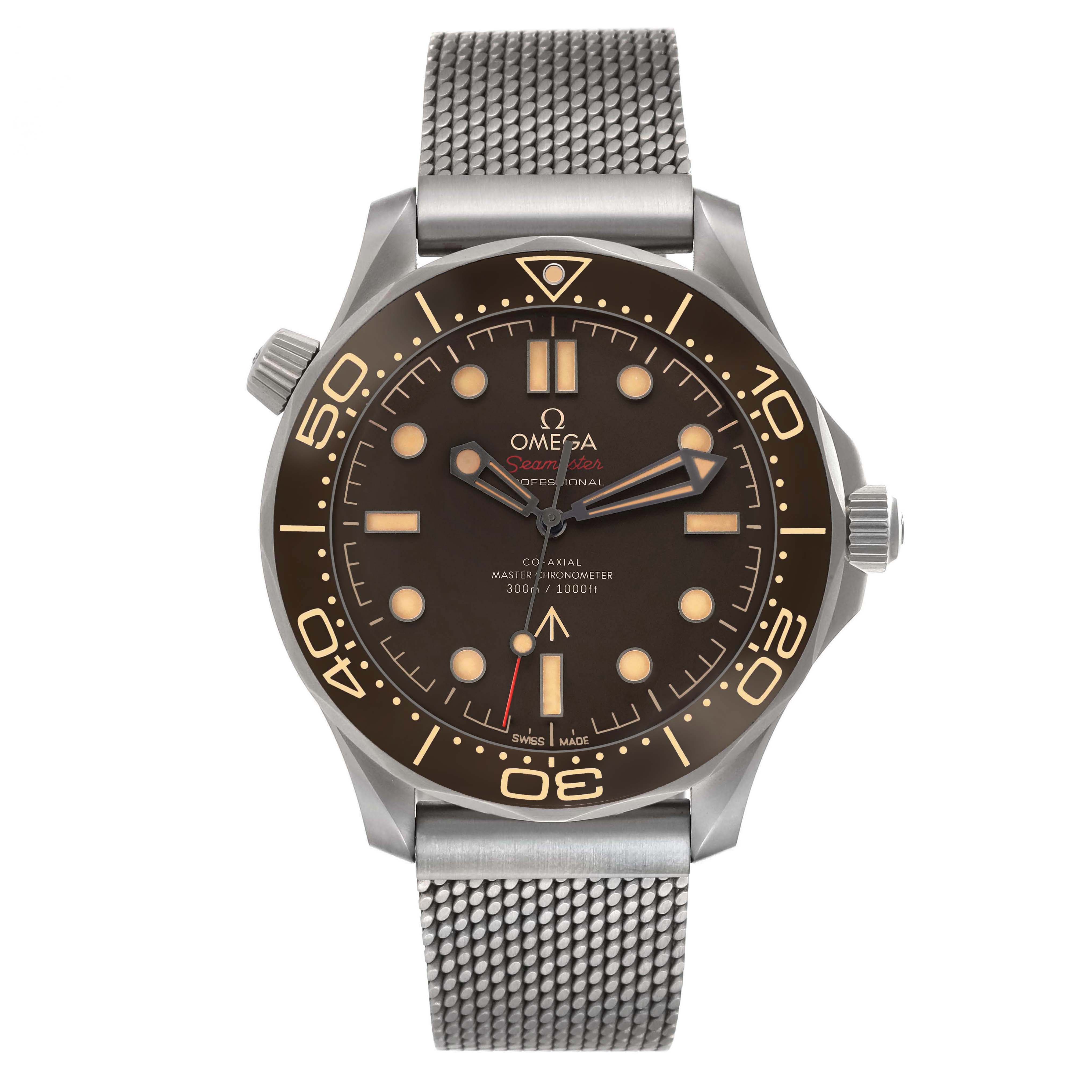 The Omega Seamaster 210.90.42.20.01.001 Men's Titanium Brown Dial 210.90.42.20.01.001 Men's Titanium Brown Dial watch is shown from a front angle, highlighting the dial, bezel, and mesh strap.