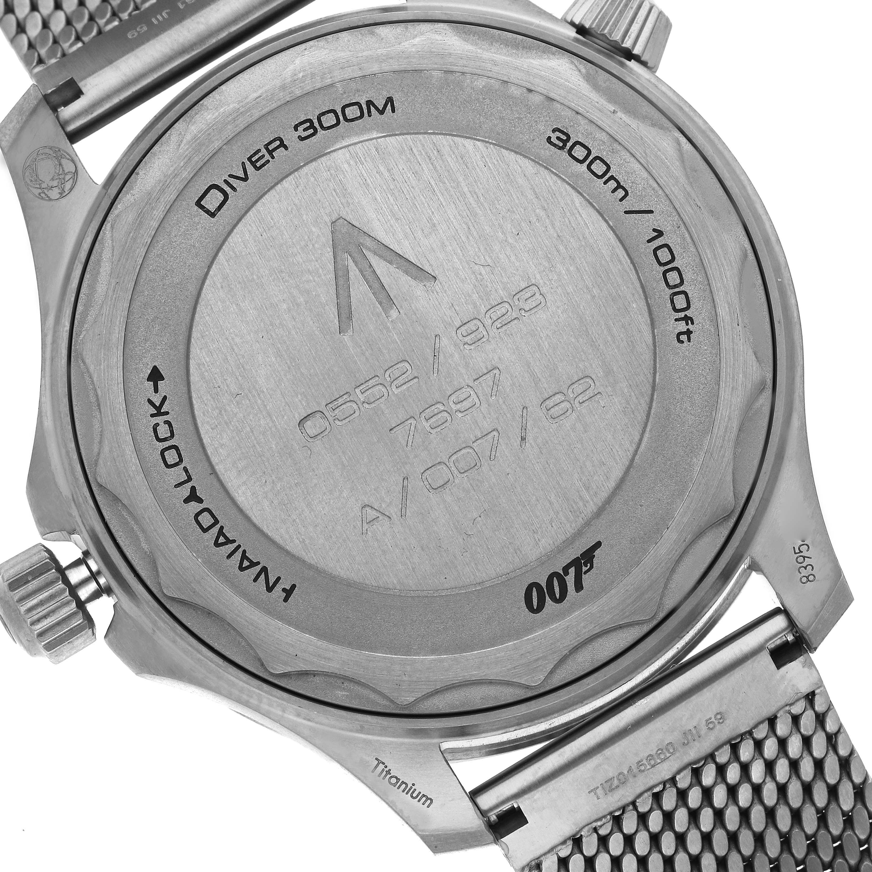 The image shows the back case of an Omega Seamaster 210.90.42.20.01.001 Men's Titanium Brown Dial 210.90.42.20.01.001 Men's Titanium Brown Dial, displaying its engravings and titanium bracelet.