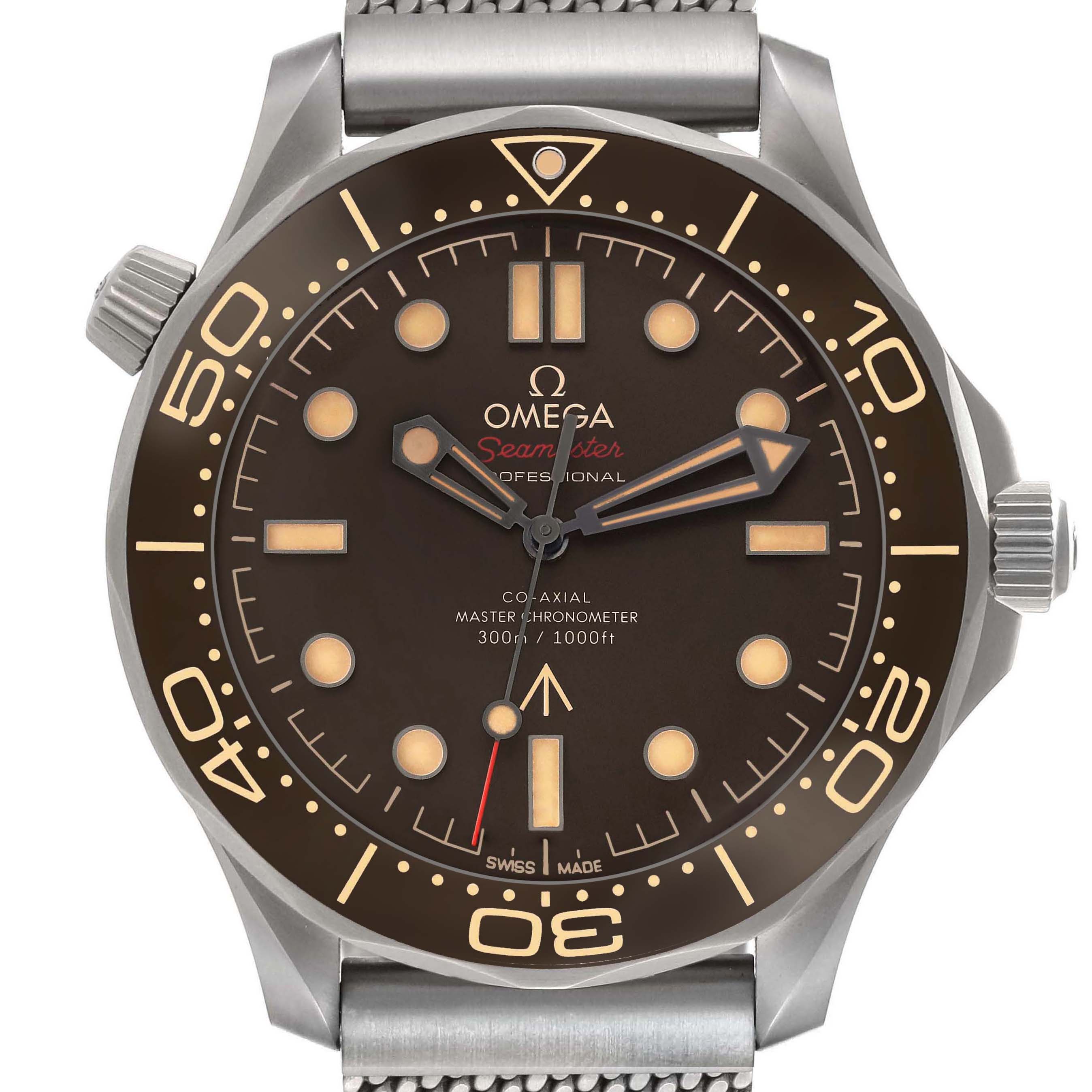 This Omega Seamaster 210.90.42.20.01.001 Men's Titanium Brown Dial 210.90.42.20.01.001 Men's Titanium Brown Dial watch is shown from the front, displaying its bezel, dial, hands, hour markers, and crown.
