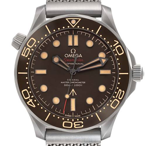 The Omega Seamaster watch is shown from a front angle highlighting the dial, bezel, and crown.