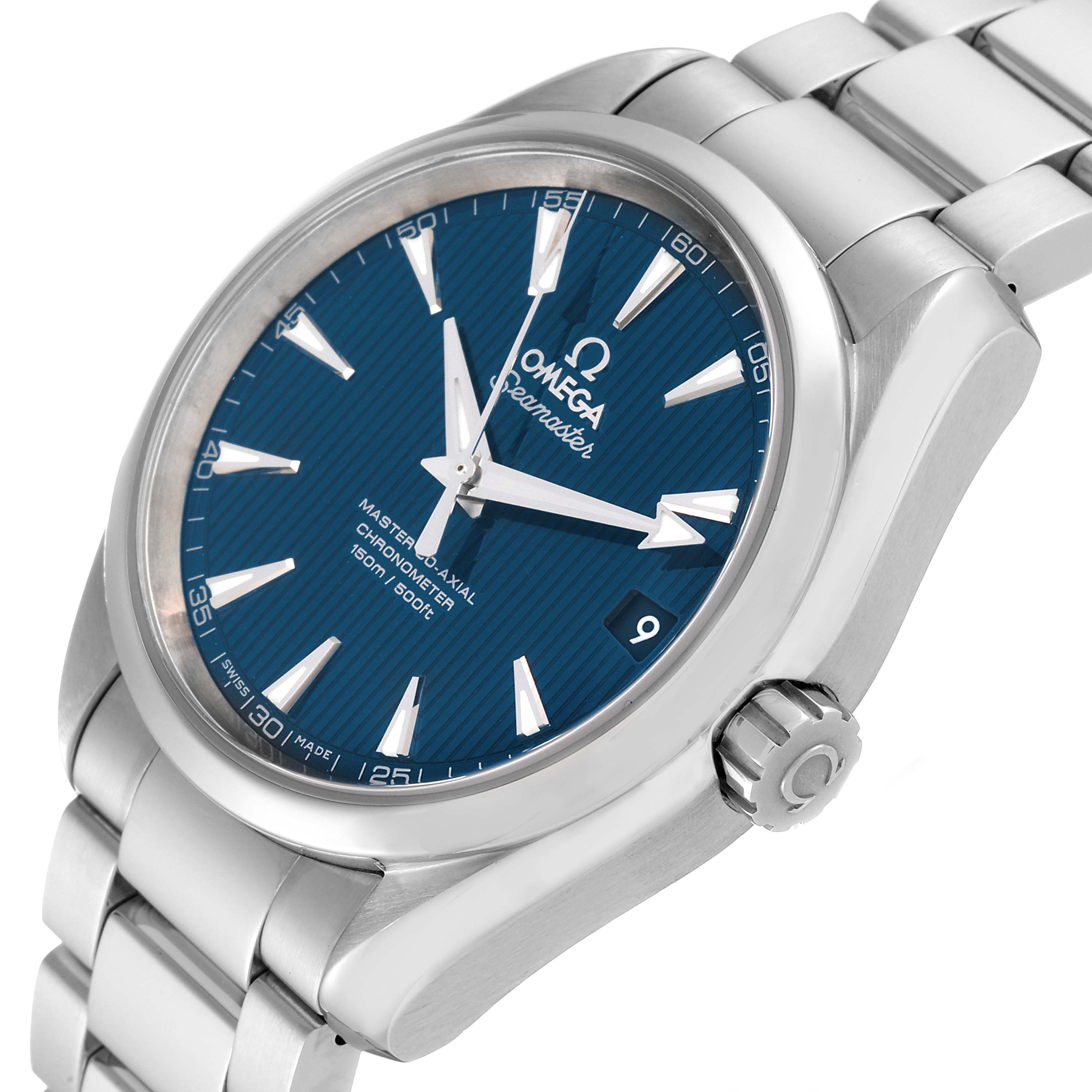 The Omega Aqua Terra 231.10.39.21.03.002 Men
s Stainless Steel Blue Dial 231.10.39.21.03.002 Men
s Stainless Steel Blue Dial watch is shown from an angled side view, highlighting its face, crown, and part of the bracelet.