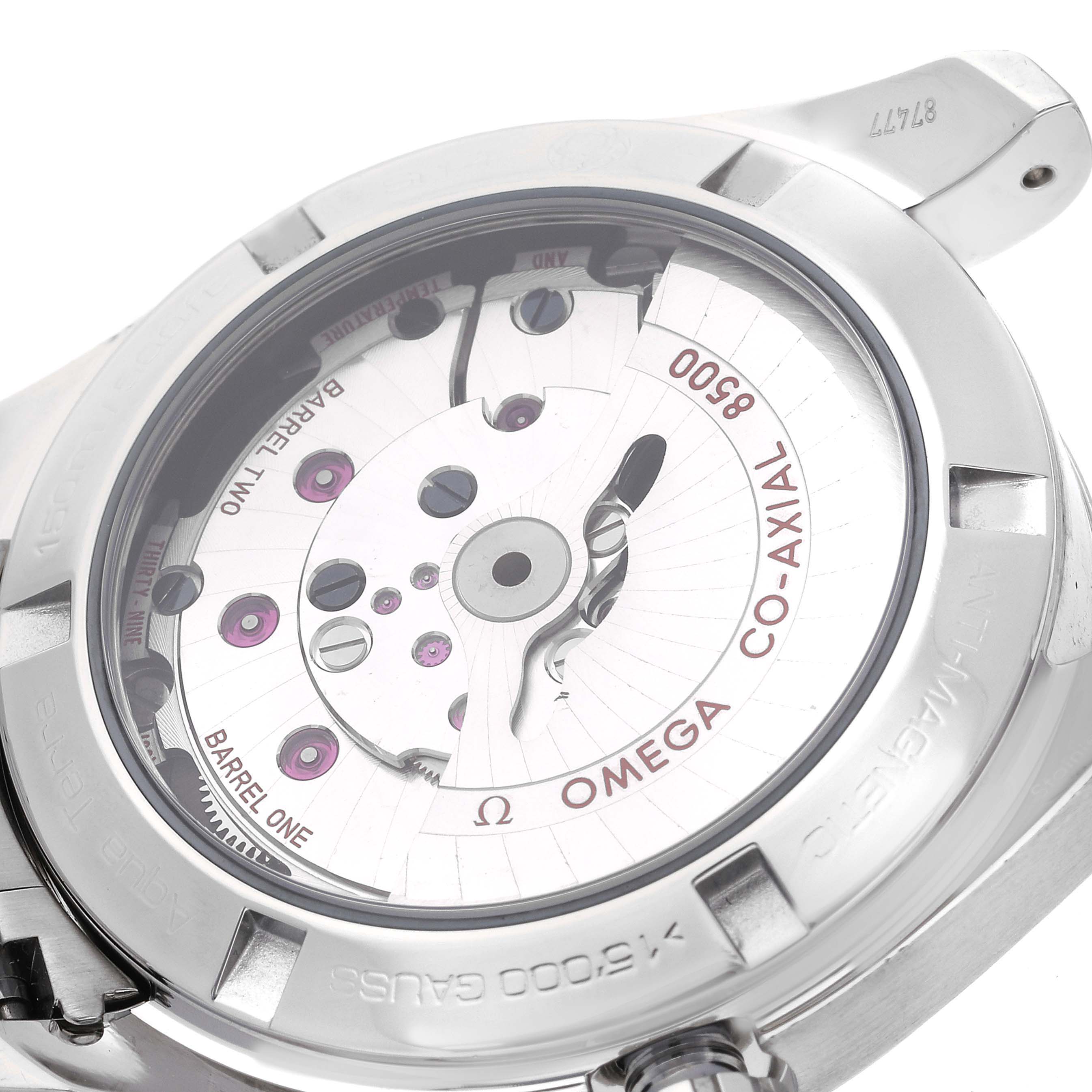 The image shows the back of an Omega Aqua Terra 231.10.39.21.03.002 Men
s Stainless Steel Blue Dial 231.10.39.21.03.002 Men
s Stainless Steel Blue Dial watch, revealing its Co-Axial 8500 movement.