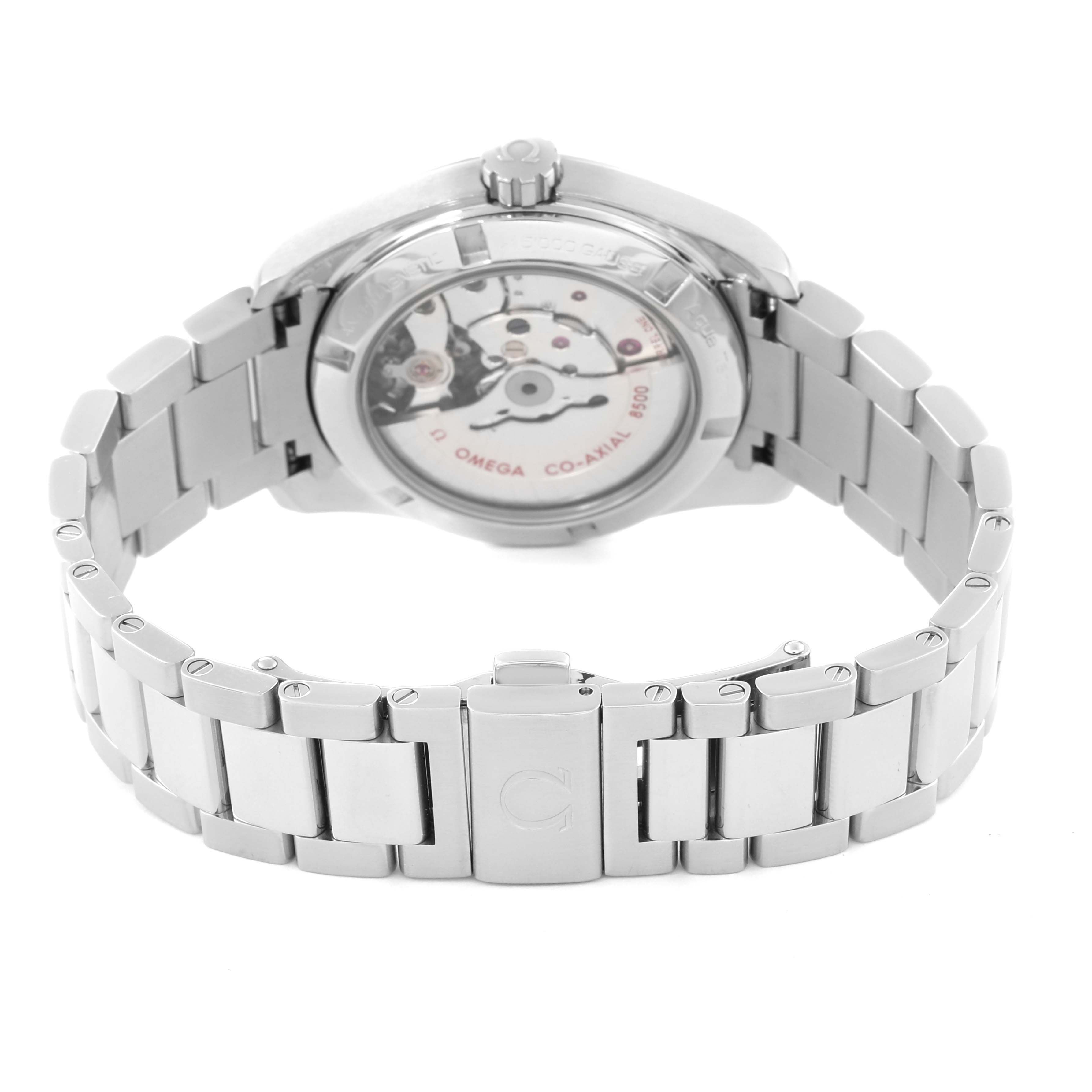 The image shows the backside and bracelet of the Omega Aqua Terra 231.10.39.21.03.002 Men
s Stainless Steel Blue Dial 231.10.39.21.03.002 Men
s Stainless Steel Blue Dial watch, highlighting its Co-Axial movement.