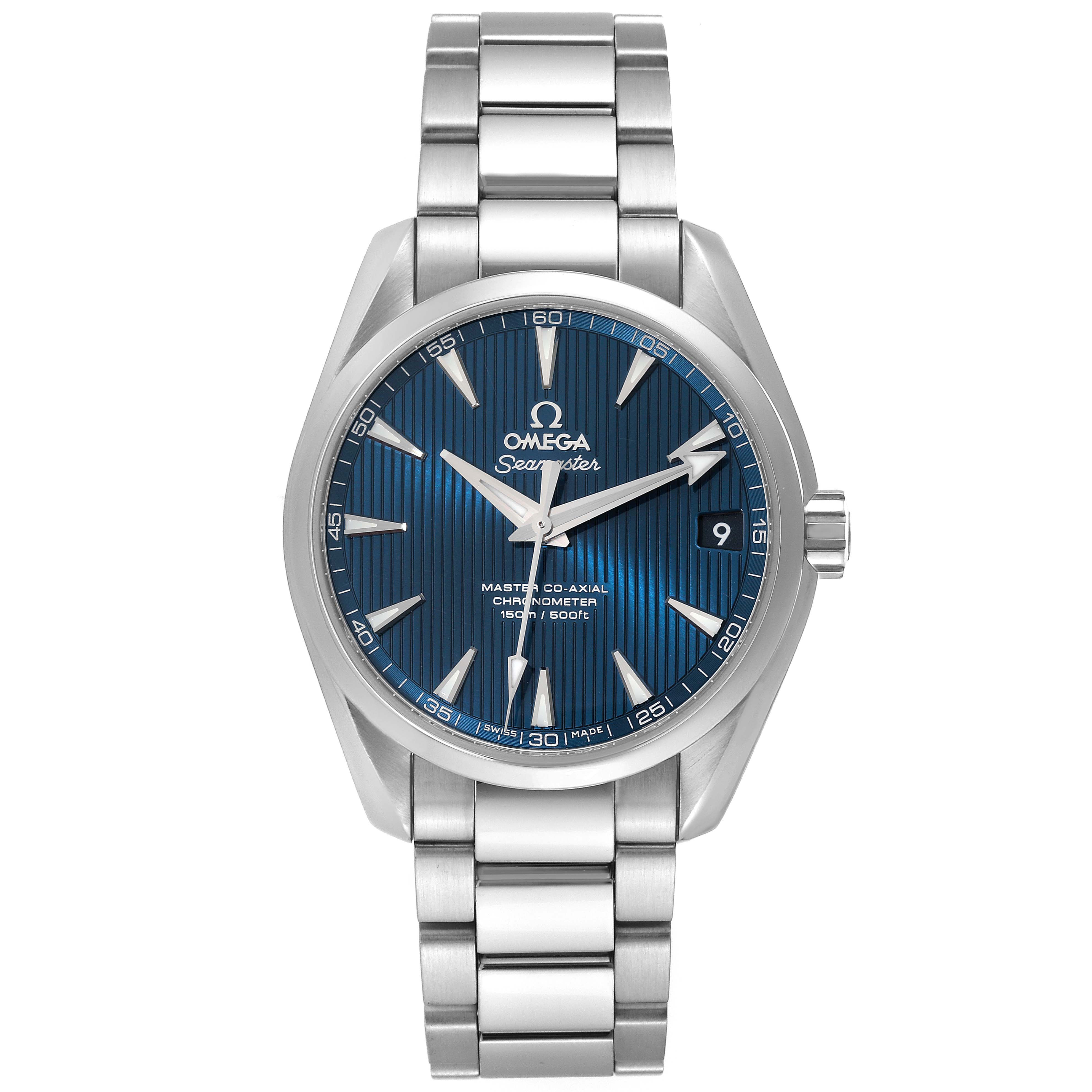 The image shows a front angle of the Omega Aqua Terra 231.10.39.21.03.002 Men
s Stainless Steel Blue Dial 231.10.39.21.03.002 Men
s Stainless Steel Blue Dial watch, displaying its face, strap, and crown.