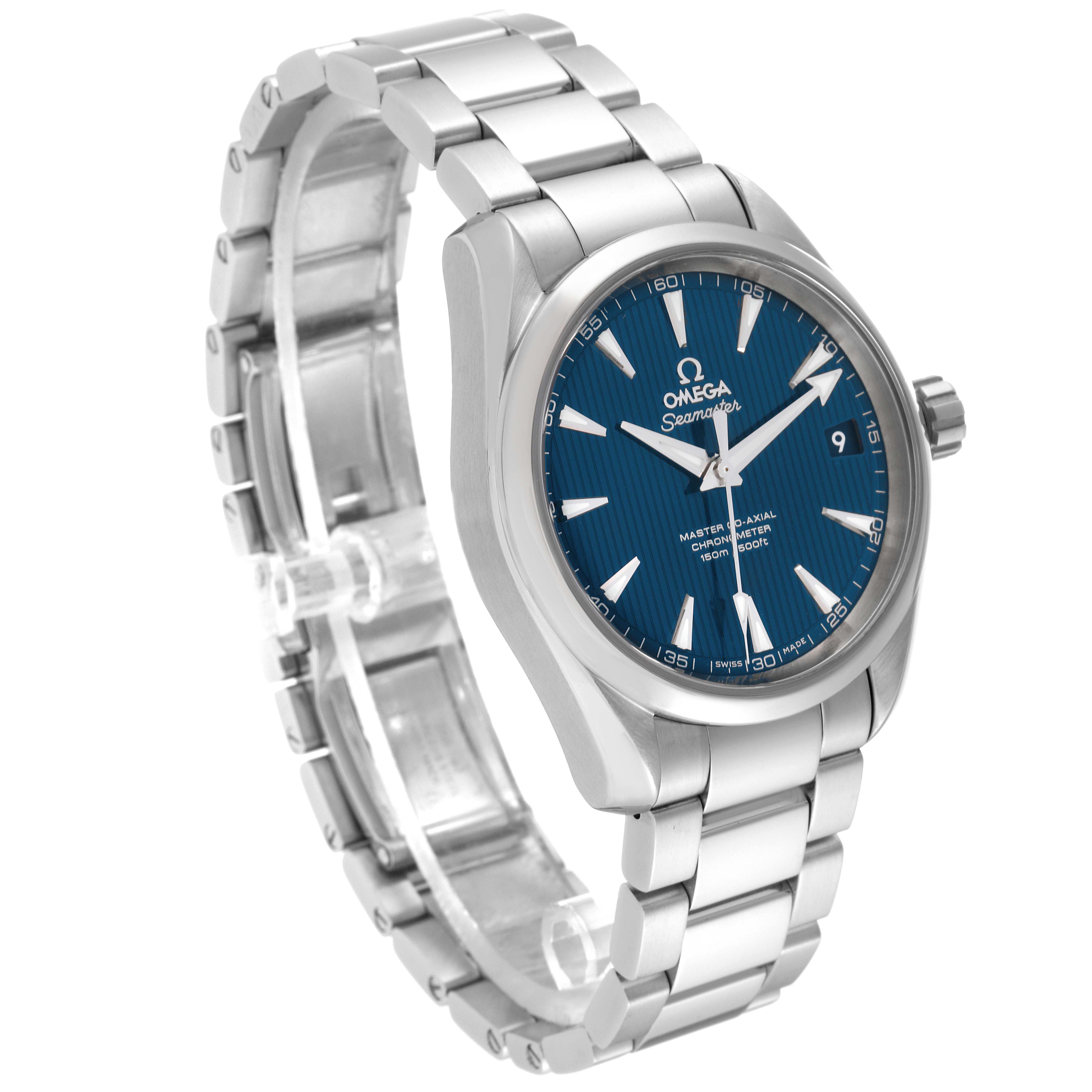 The Omega Aqua Terra 231.10.39.21.03.002 Men
s Stainless Steel Blue Dial 231.10.39.21.03.002 Men
s Stainless Steel Blue Dial watch is shown from a three-quarter angle, displaying its bracelet, dial, and case.