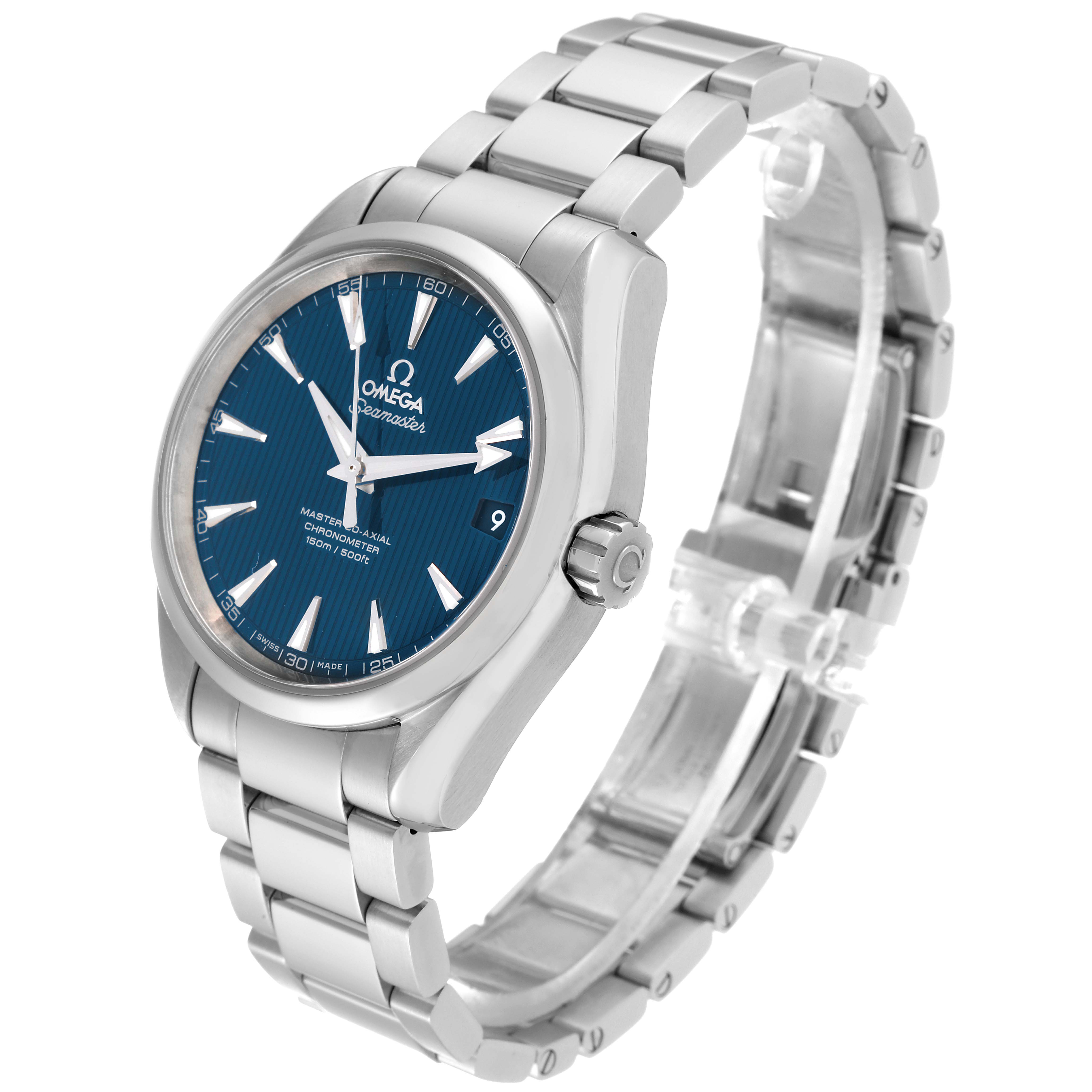 The image shows an angled view of the Omega Aqua Terra 231.10.39.21.03.002 Men
s Stainless Steel Blue Dial 231.10.39.21.03.002 Men
s Stainless Steel Blue Dial watch, highlighting its blue dial, stainless steel case, and bracelet.