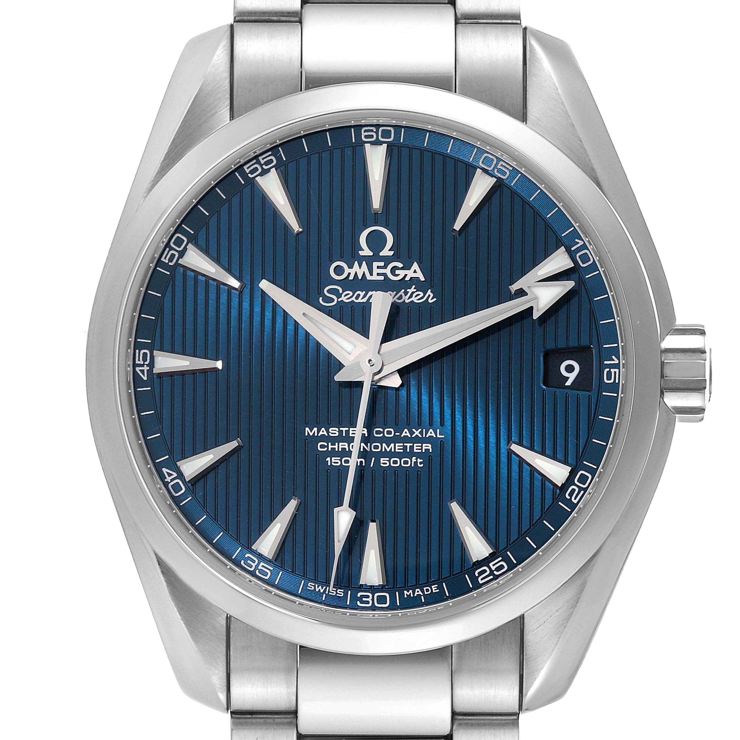 The image shows a front angle of the Omega Aqua Terra 231.10.39.21.03.002 Men
s Stainless Steel Blue Dial 231.10.39.21.03.002 Men
s Stainless Steel Blue Dial watch, highlighting the dial, hands, bezel, date window, and part of the bracelet.