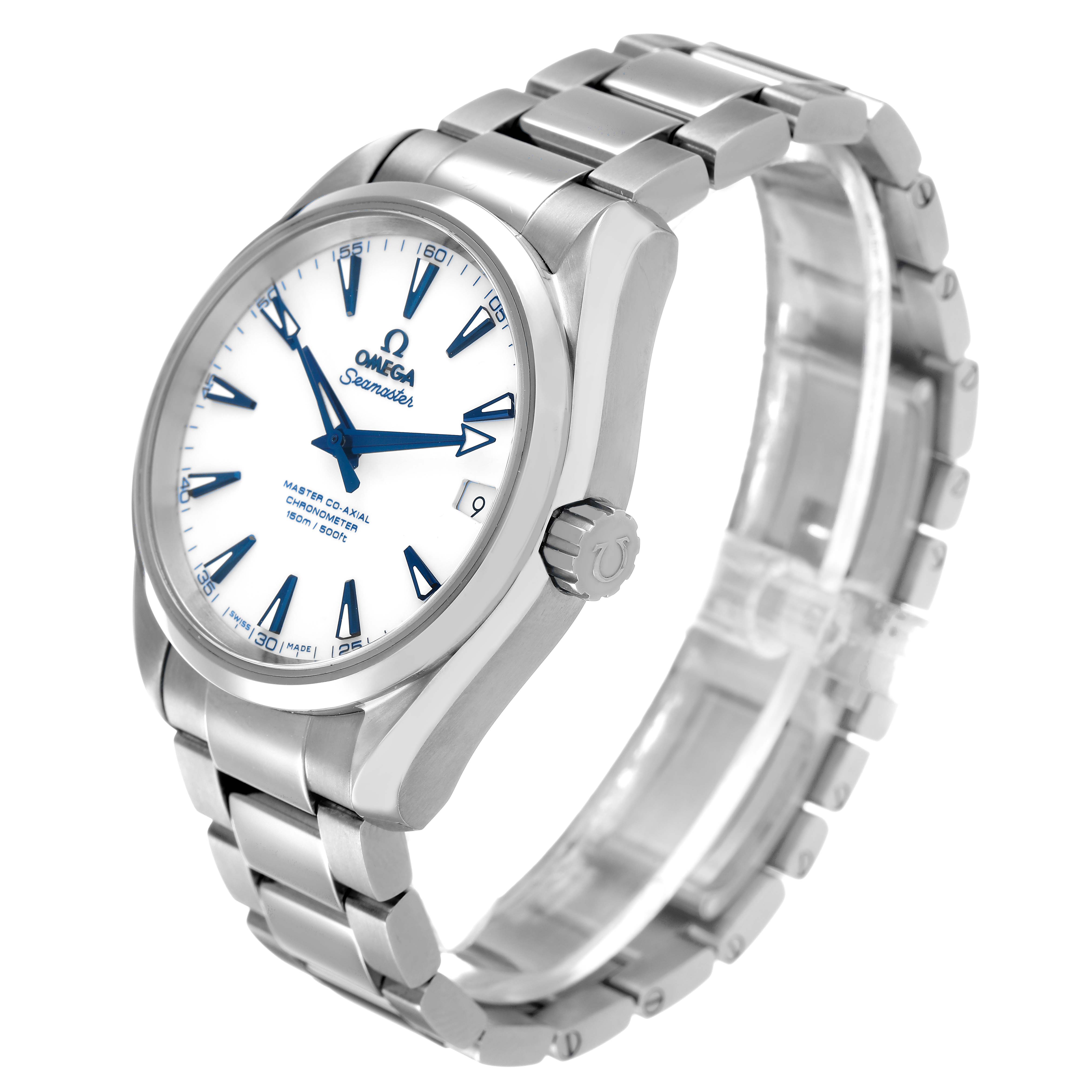 The Omega Aqua Terra 231.90.39.21.04.001 Men's Titanium Yellow Dial watch is shown from an angled side view, displaying the bracelet, crown, and face details.