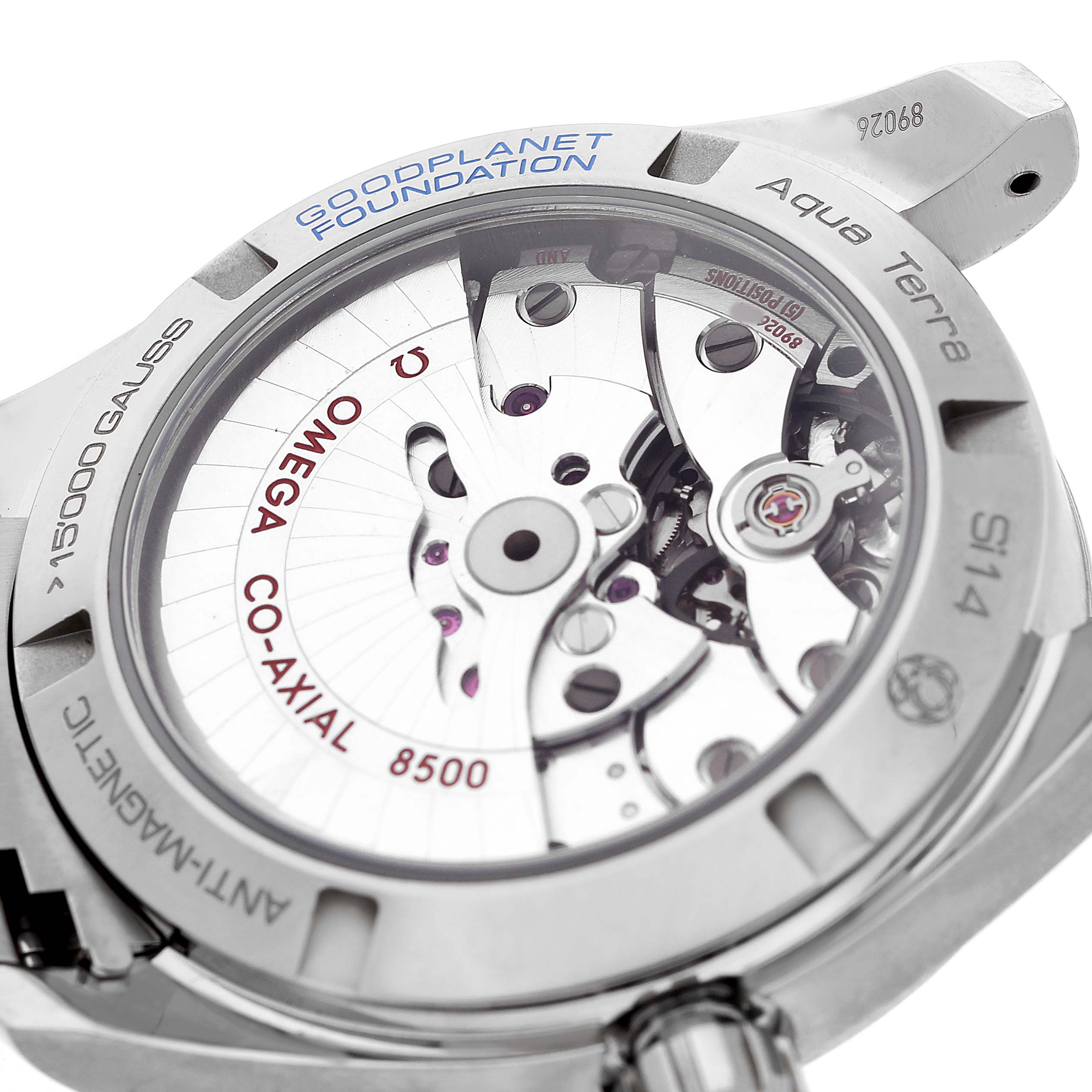 This image shows the back of an Omega Aqua Terra 231.90.39.21.04.001 Men's Titanium Yellow Dial, highlighting its Co-Axial 8500 movement and case engravings.