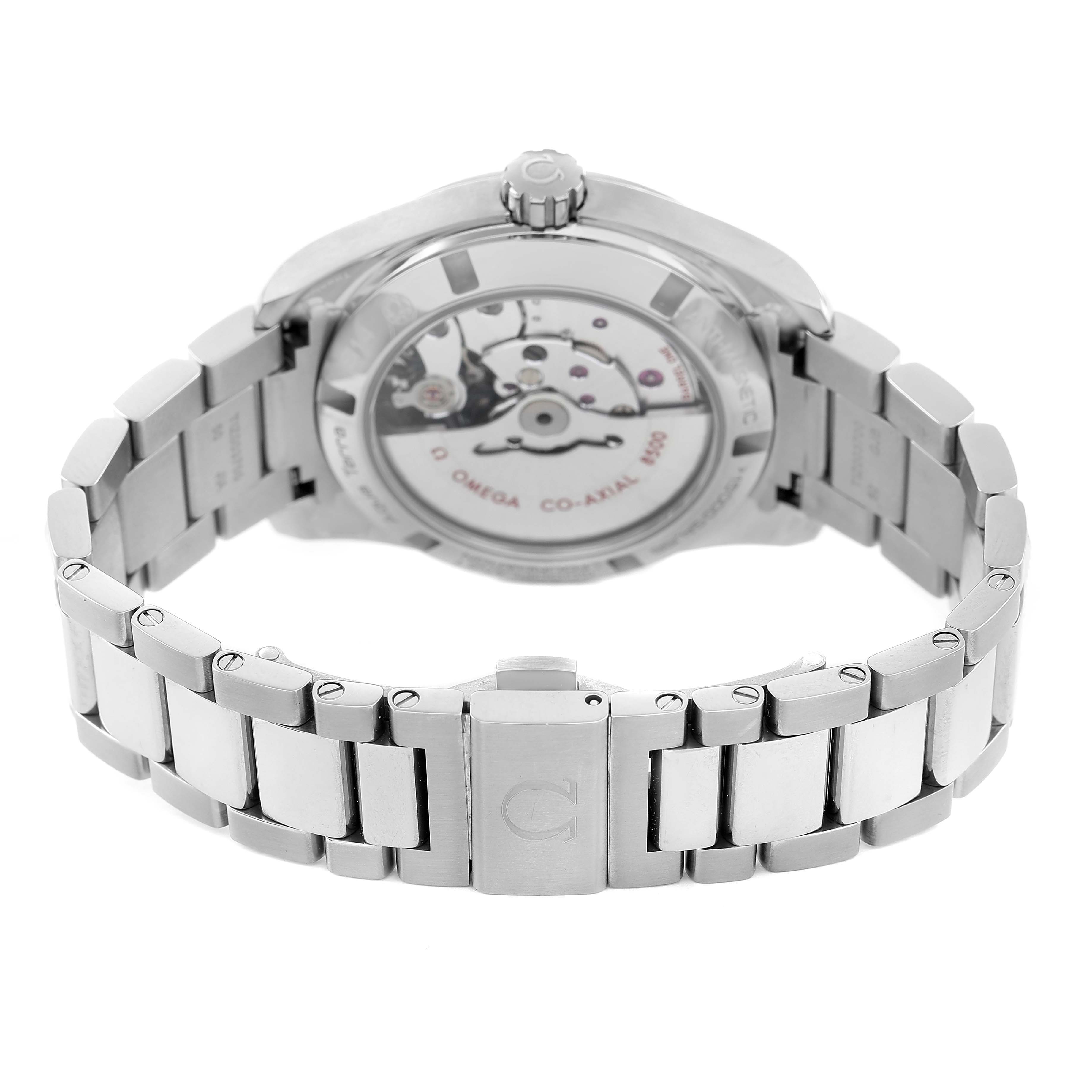 The image shows the back view of the Omega Aqua Terra 231.90.39.21.04.001 Men's Titanium Yellow Dial, highlighting the case back and metal bracelet.