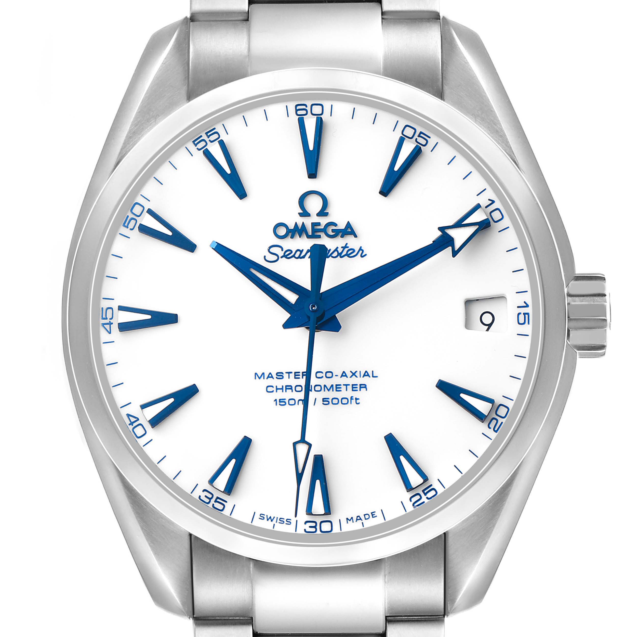 The Omega Aqua Terra 231.90.39.21.04.001 Men's Titanium Yellow Dial watch is shown from a front angle, highlighting the dial, bezel, crown, and part of the bracelet.