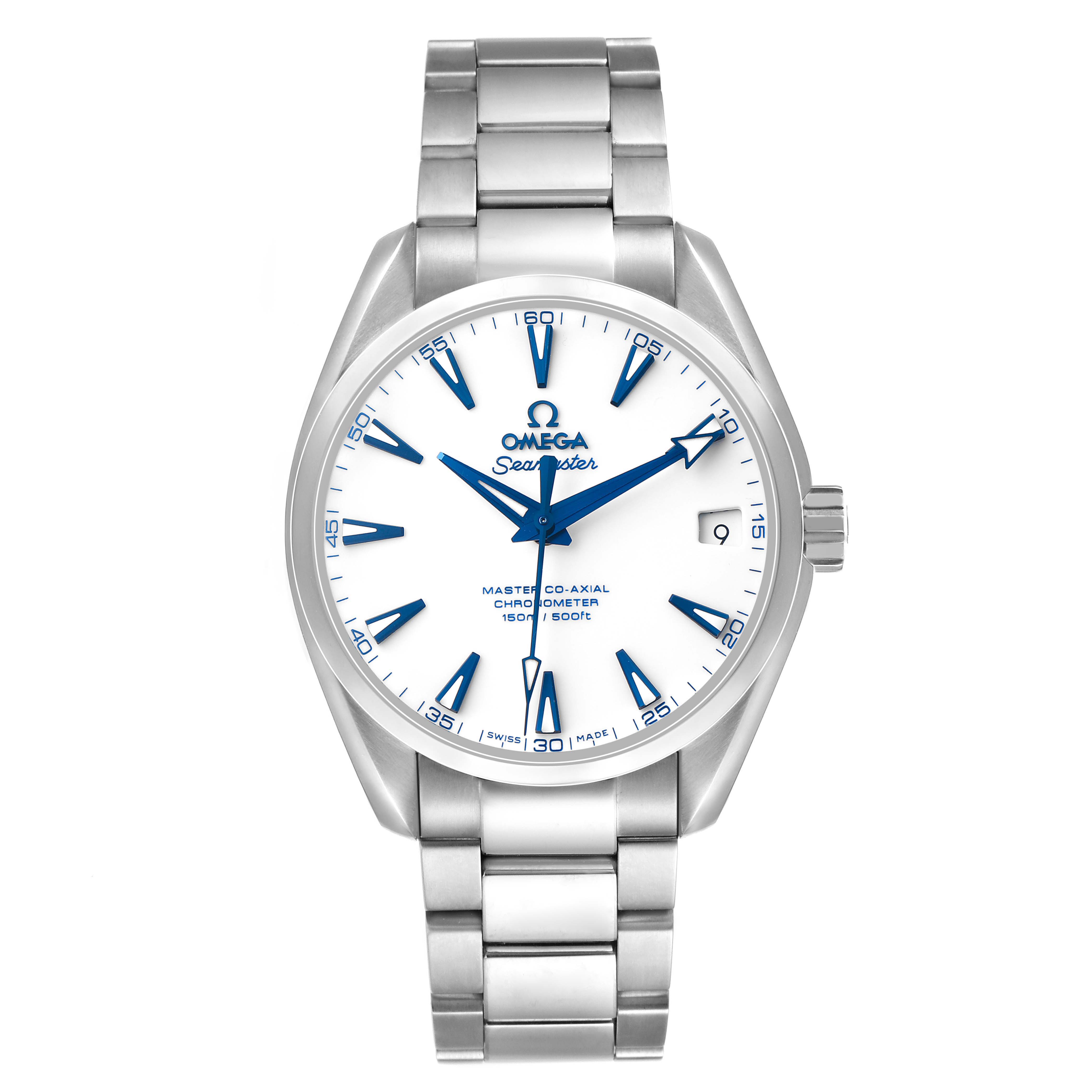 The image shows a front view of the Omega Aqua Terra 231.90.39.21.04.001 Men's Titanium Yellow Dial watch with its face, hands, and stainless steel bracelet visible.