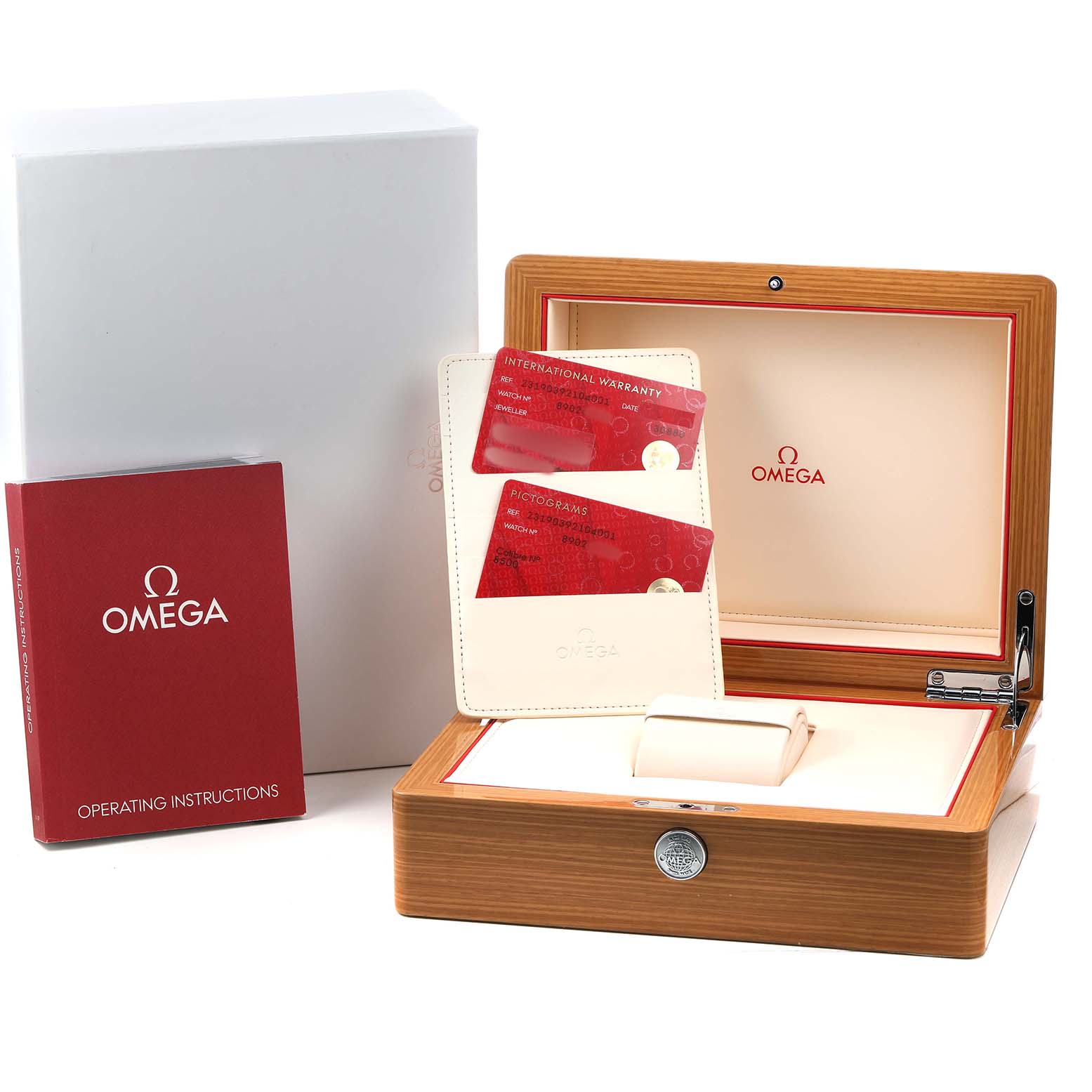 The image shows an open Omega Aqua Terra 231.90.39.21.04.001 Men's Titanium Yellow Dial watch box, instruction manual, warranty cards, and outer packaging.