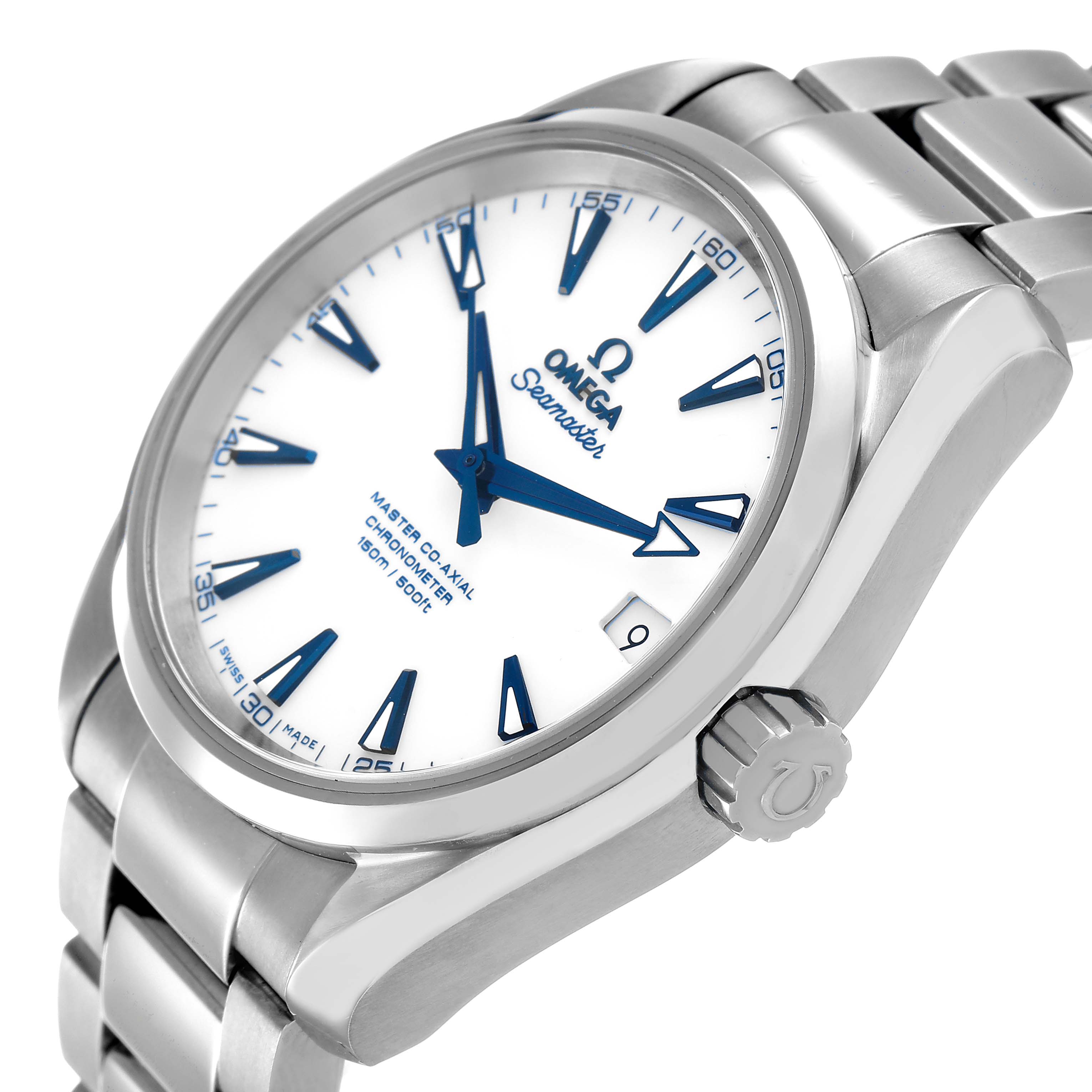 The Omega Aqua Terra 231.90.39.21.04.001 Men's Titanium Yellow Dial watch is shown at a slight angle, highlighting the dial, bezel, crown, and bracelet.