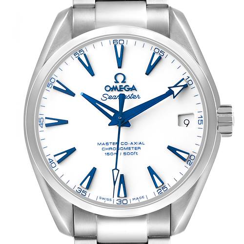 The Omega Aqua Terra 231.90.39.21.04.001 Men's Titanium Yellow Dial watch is shown from the front, highlighting the face, hands, markers, and crown.