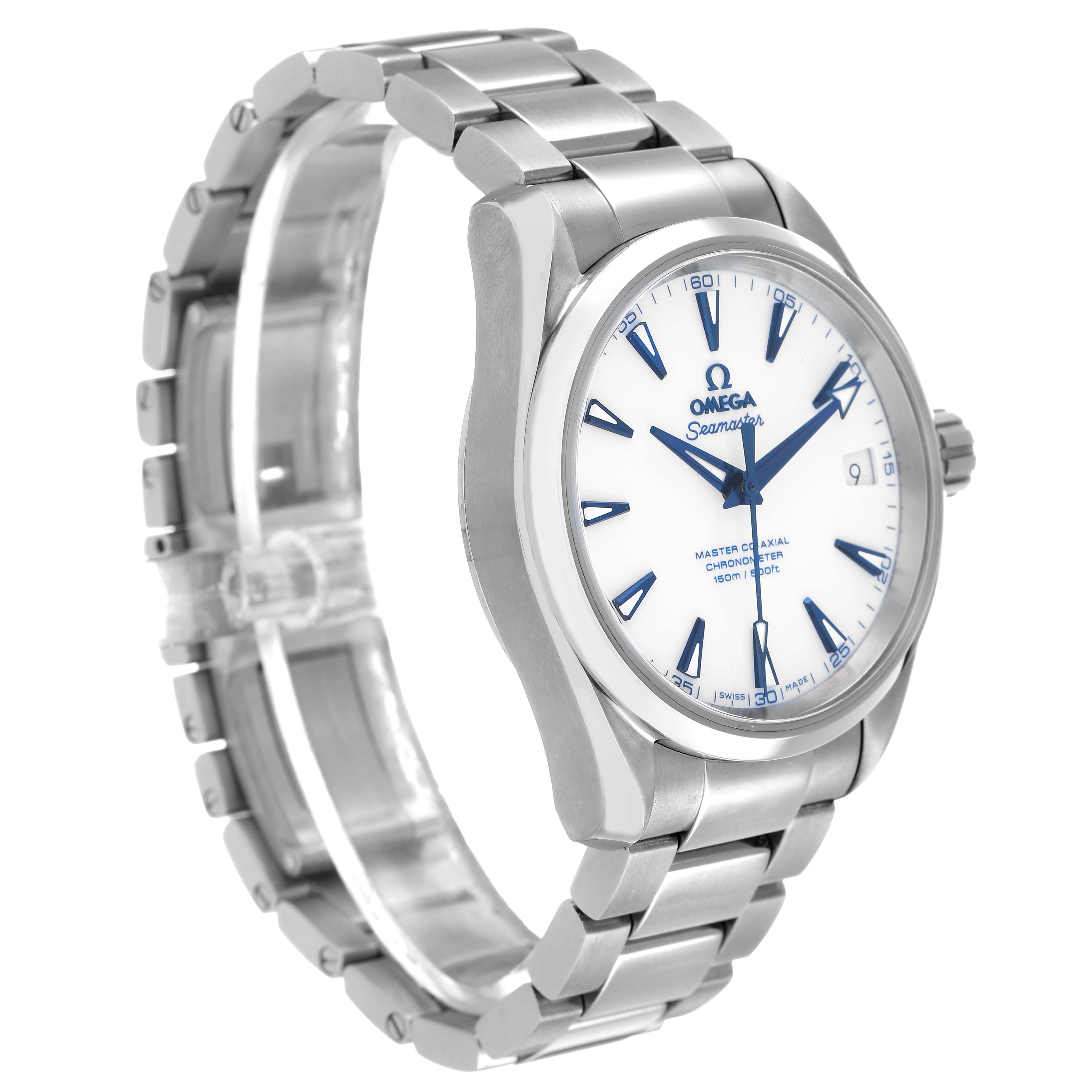 The Omega Aqua Terra 231.90.39.21.04.001 Men's Titanium Yellow Dial watch is shown at a three-quarter angle, highlighting its face, bezel, and bracelet.