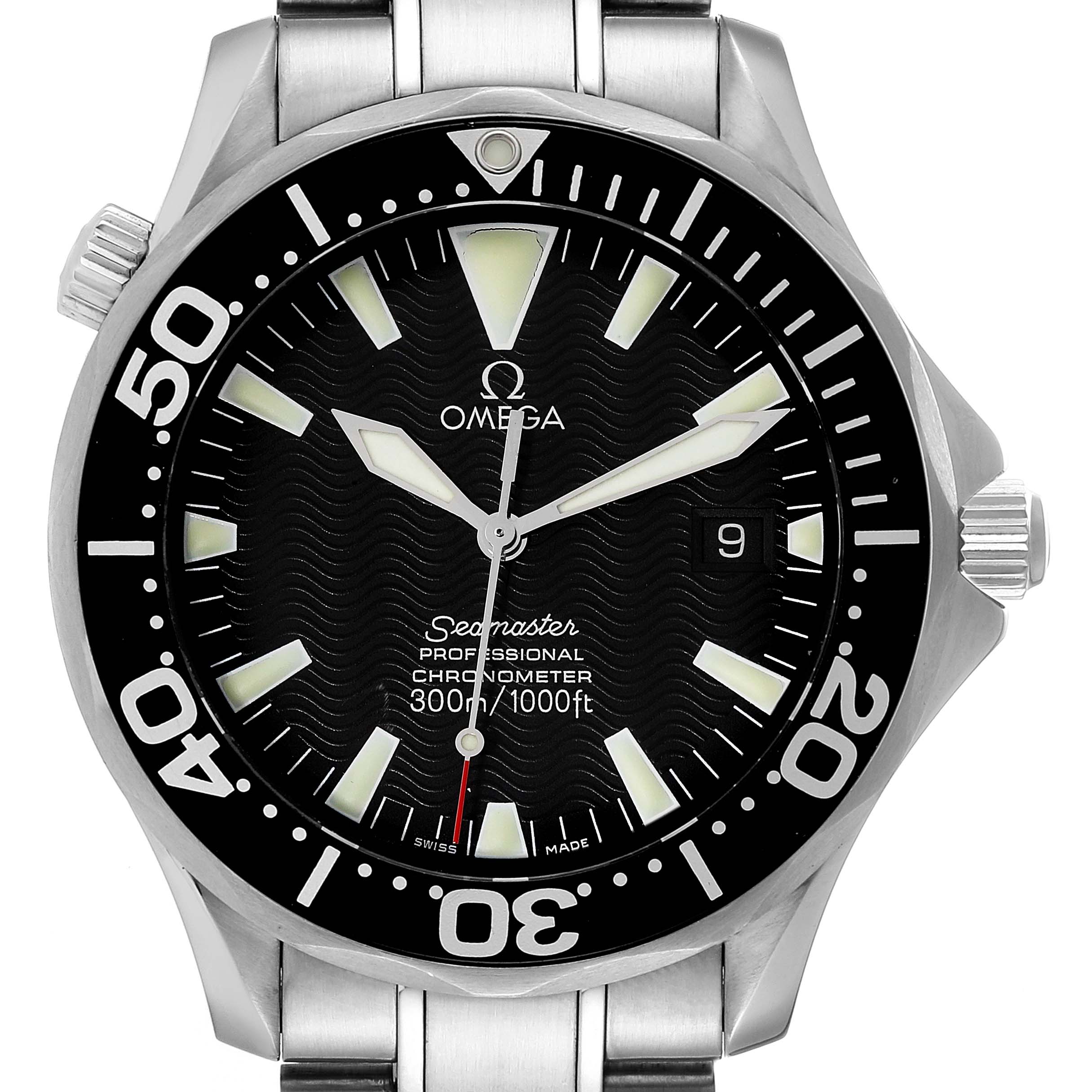 The image shows a front view of an Omega Seamaster 2254.50.00 Men's Stainless Steel Black Dial 2254.50.00 Men's Stainless Steel Black Dial watch displaying the dial, bezel, and part of the metal bracelet.