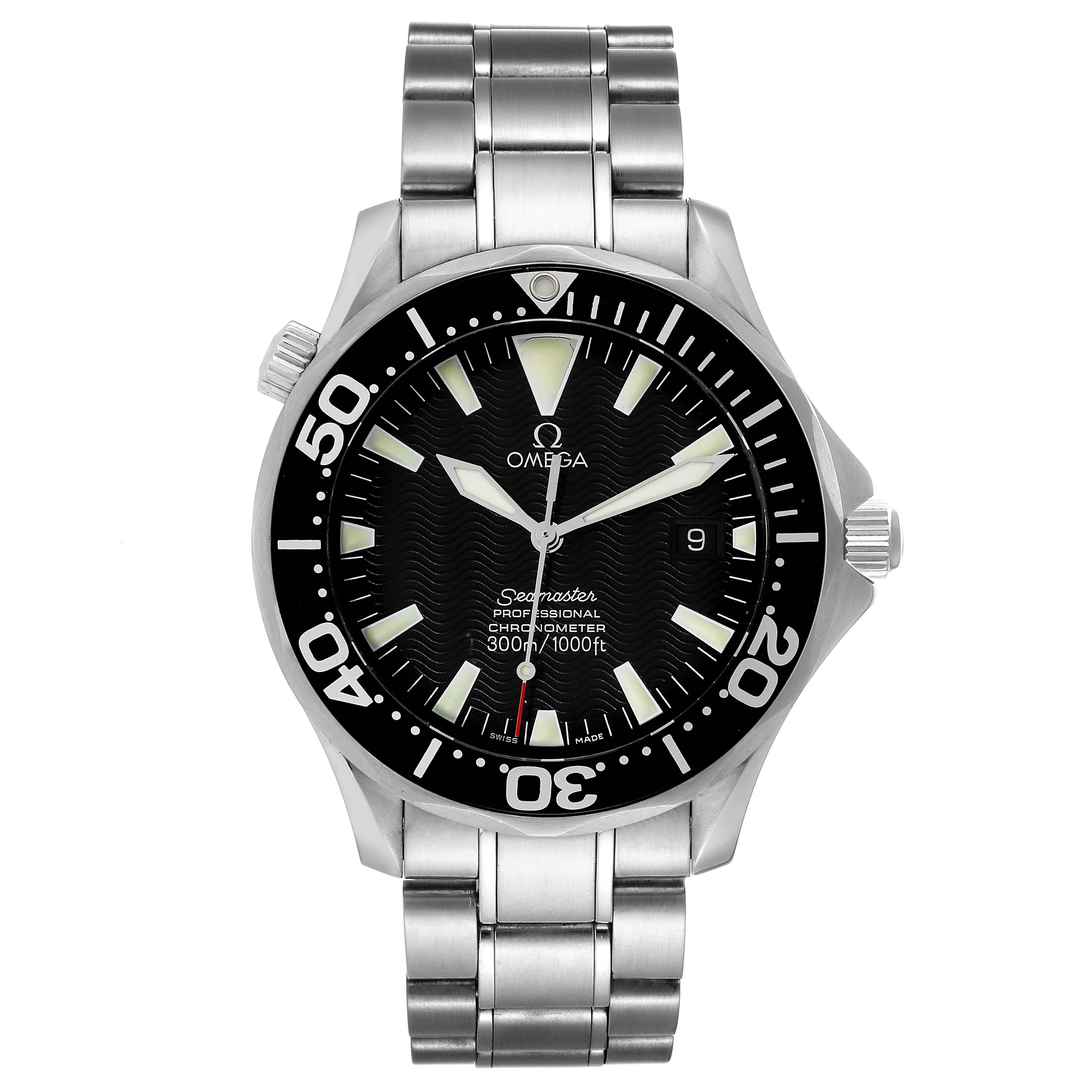 The image shows a front view of the Omega Seamaster 2254.50.00 Men's Stainless Steel Black Dial 2254.50.00 Men's Stainless Steel Black Dial watch, including the dial, bezel, hands, and bracelet.