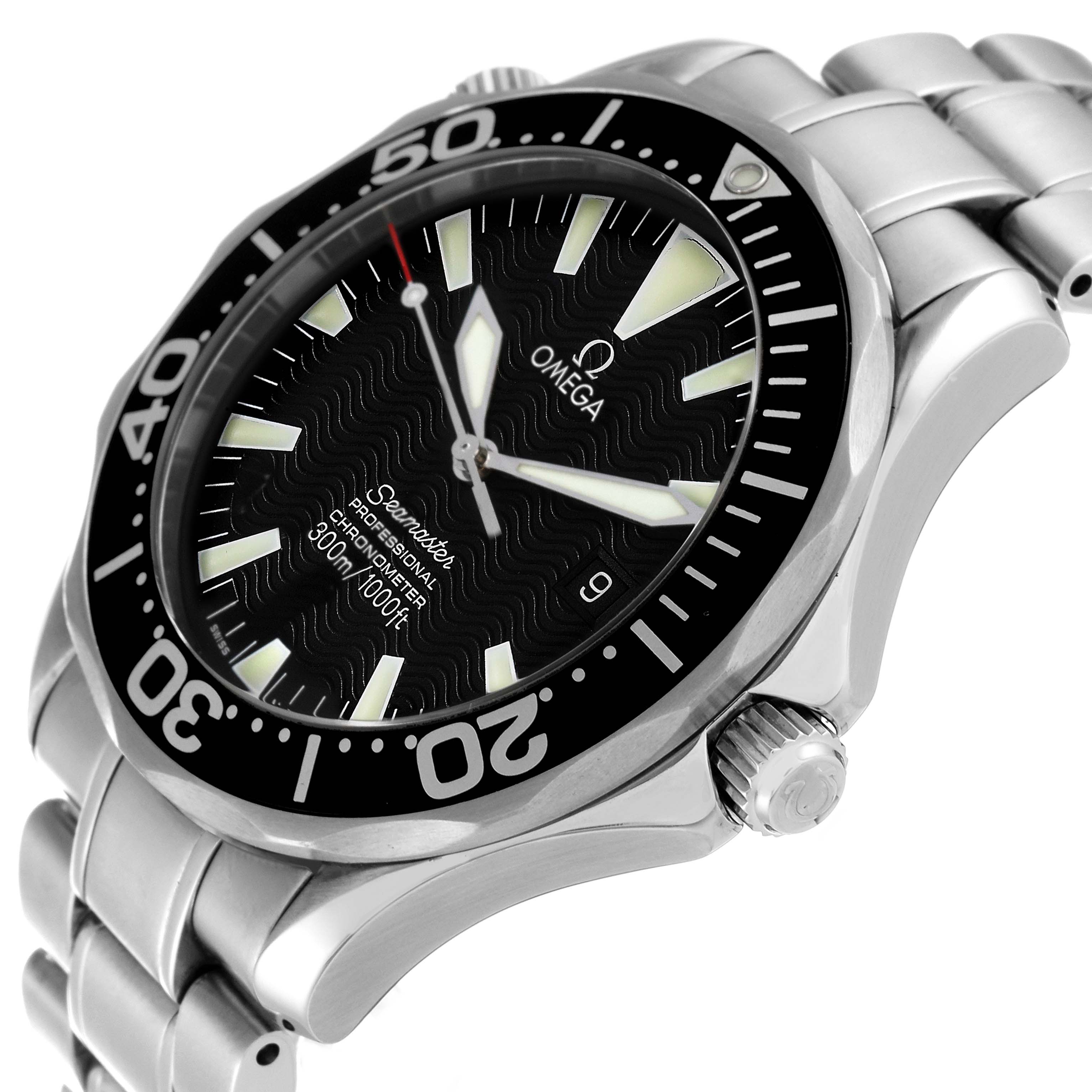 The image shows a close-up, angled view of the Omega Seamaster 2254.50.00 Men's Stainless Steel Black Dial 2254.50.00 Men's Stainless Steel Black Dial watch, highlighting the black dial, bezel, and stainless steel bracelet.