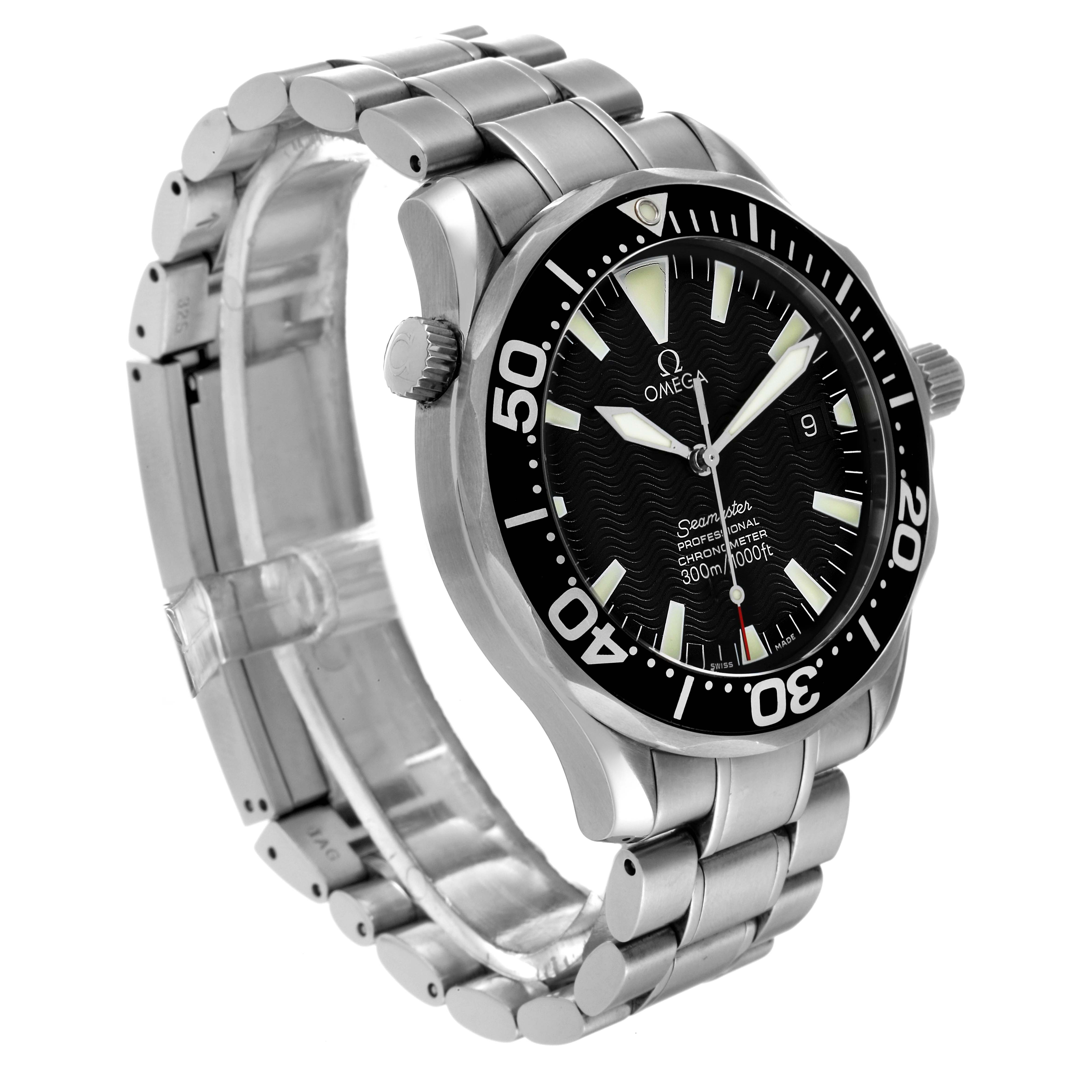 The Omega Seamaster 2254.50.00 Men's Stainless Steel Black Dial 2254.50.00 Men's Stainless Steel Black Dial watch is shown at a slight angle, highlighting its face, bezel, crown, and metal bracelet.