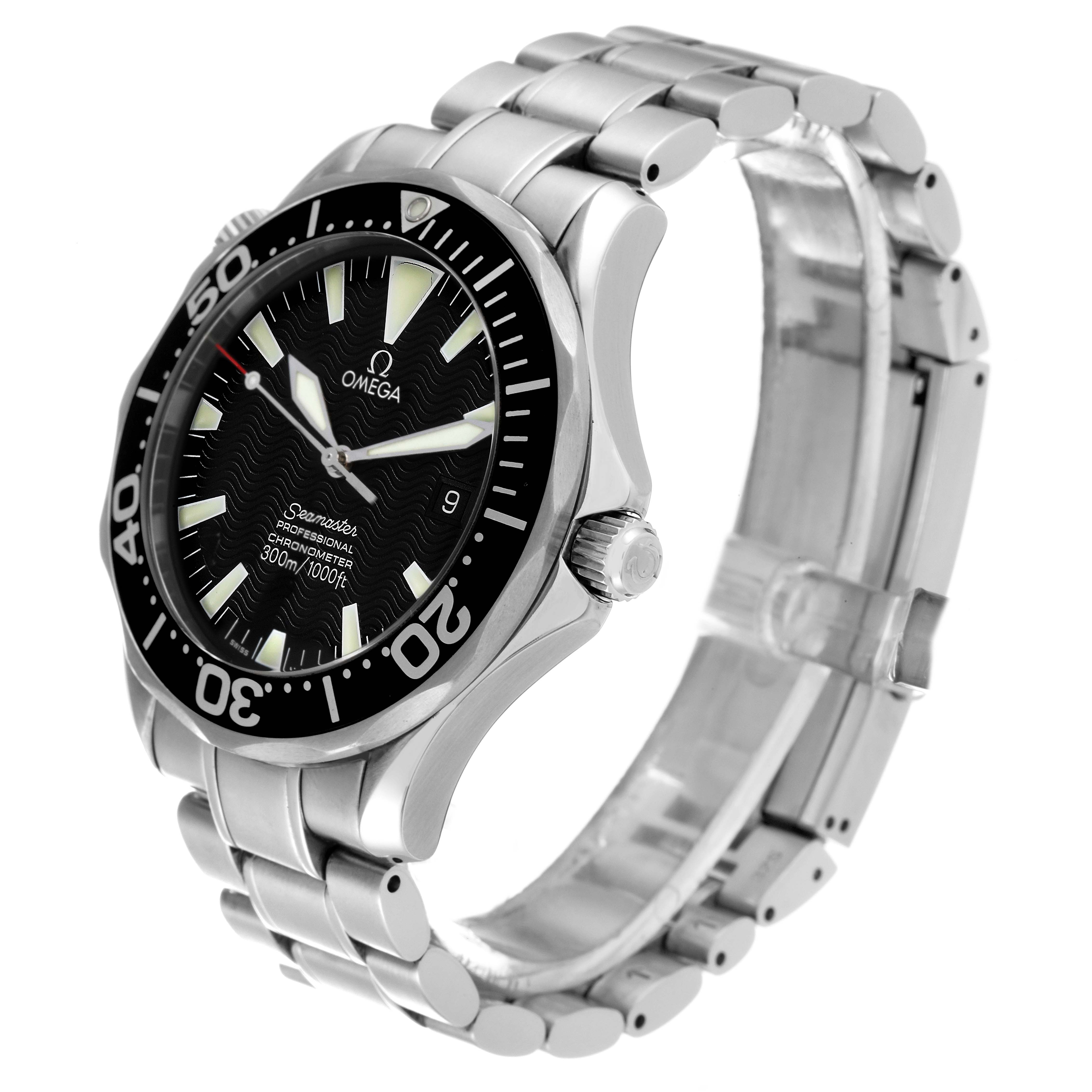 The image shows an angled view of the Omega Seamaster 2254.50.00 Men's Stainless Steel Black Dial 2254.50.00 Men's Stainless Steel Black Dial watch, highlighting the face, bezel, crown, and stainless steel bracelet.