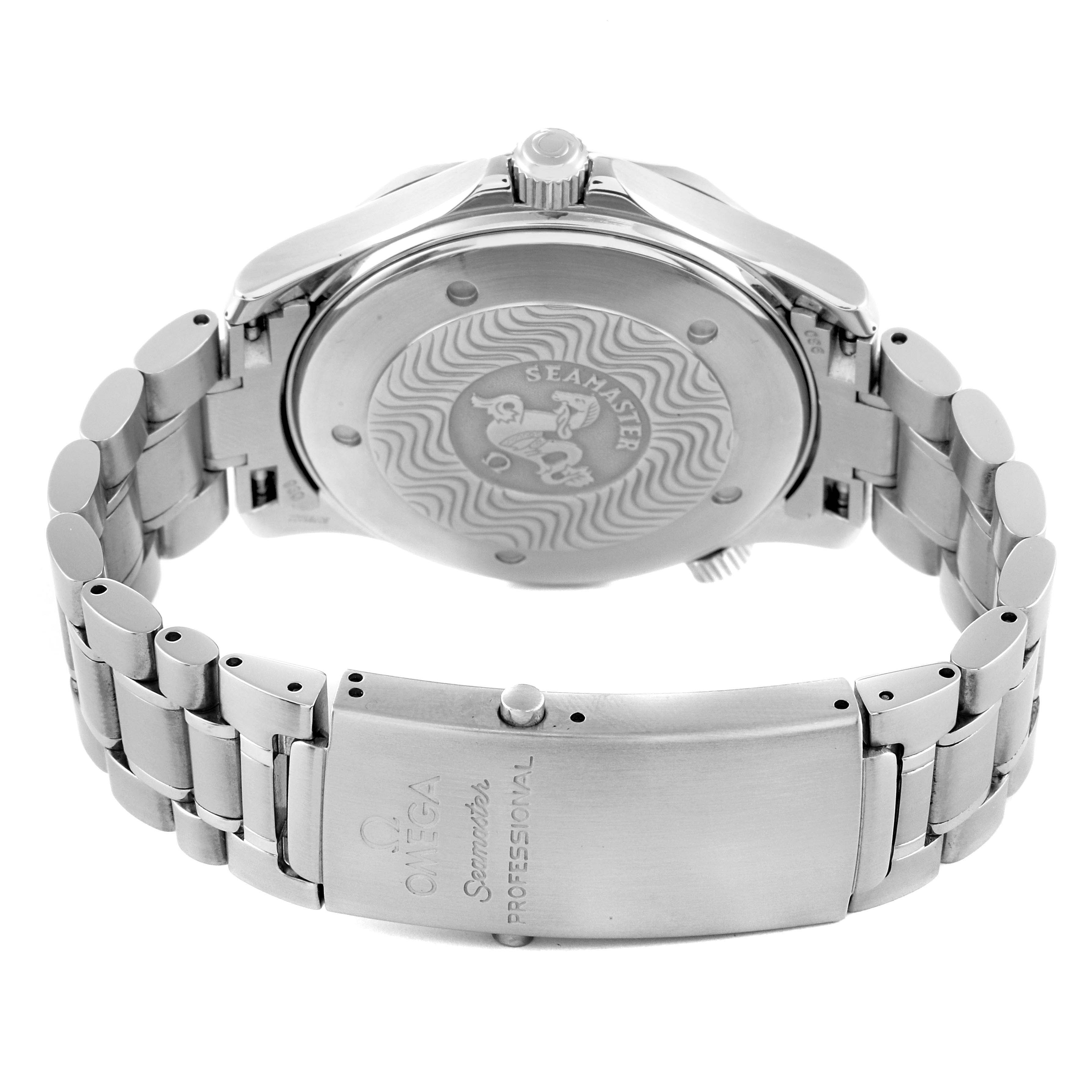 This image shows the back case and bracelet clasp of an Omega Seamaster 2254.50.00 Men's Stainless Steel Black Dial 2254.50.00 Men's Stainless Steel Black Dial watch.