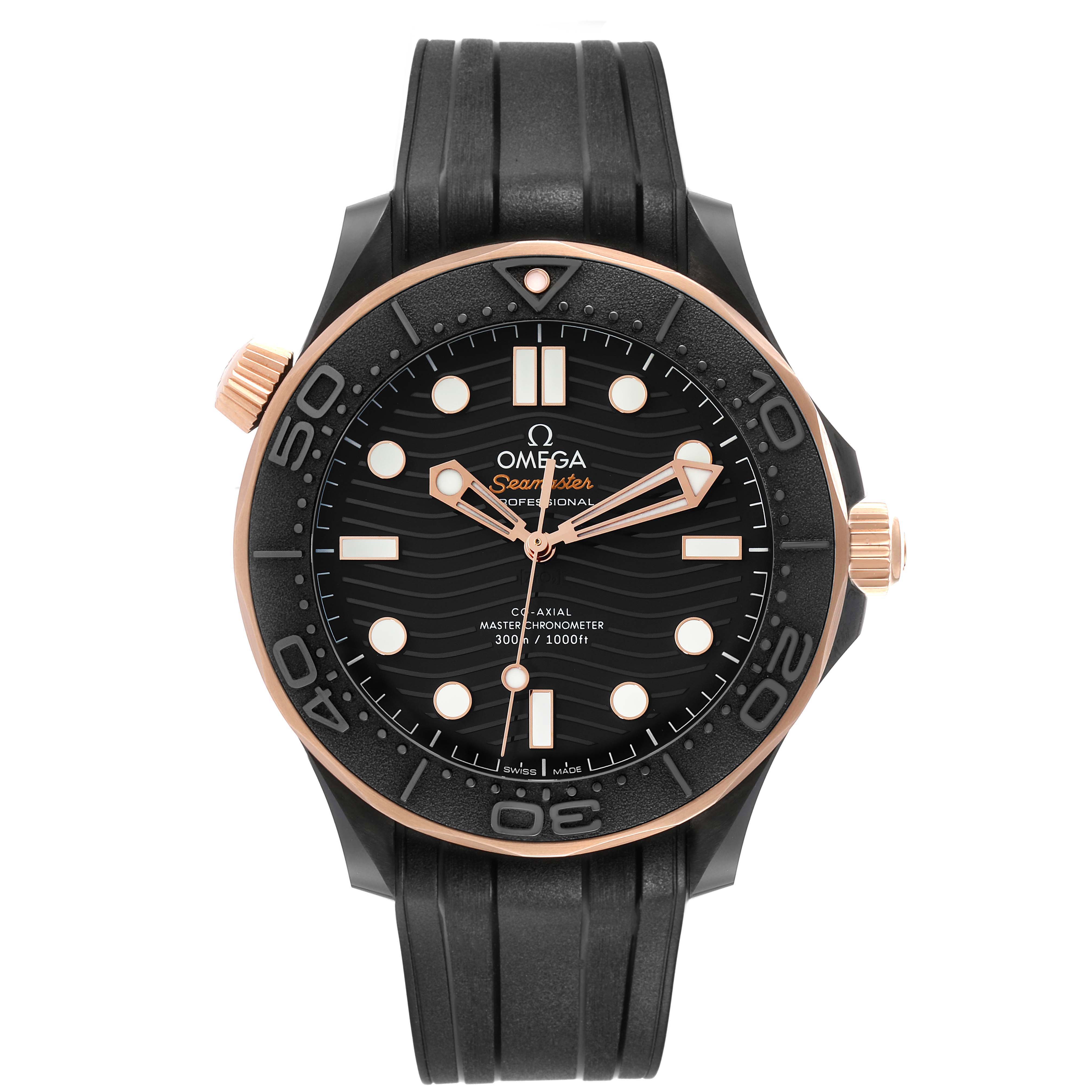 The Omega Seamaster 210.62.44.20.01.001 Men's Ceramic Black Dial watch is shown from a front angle, displaying the face, bezel, crown, and strap.