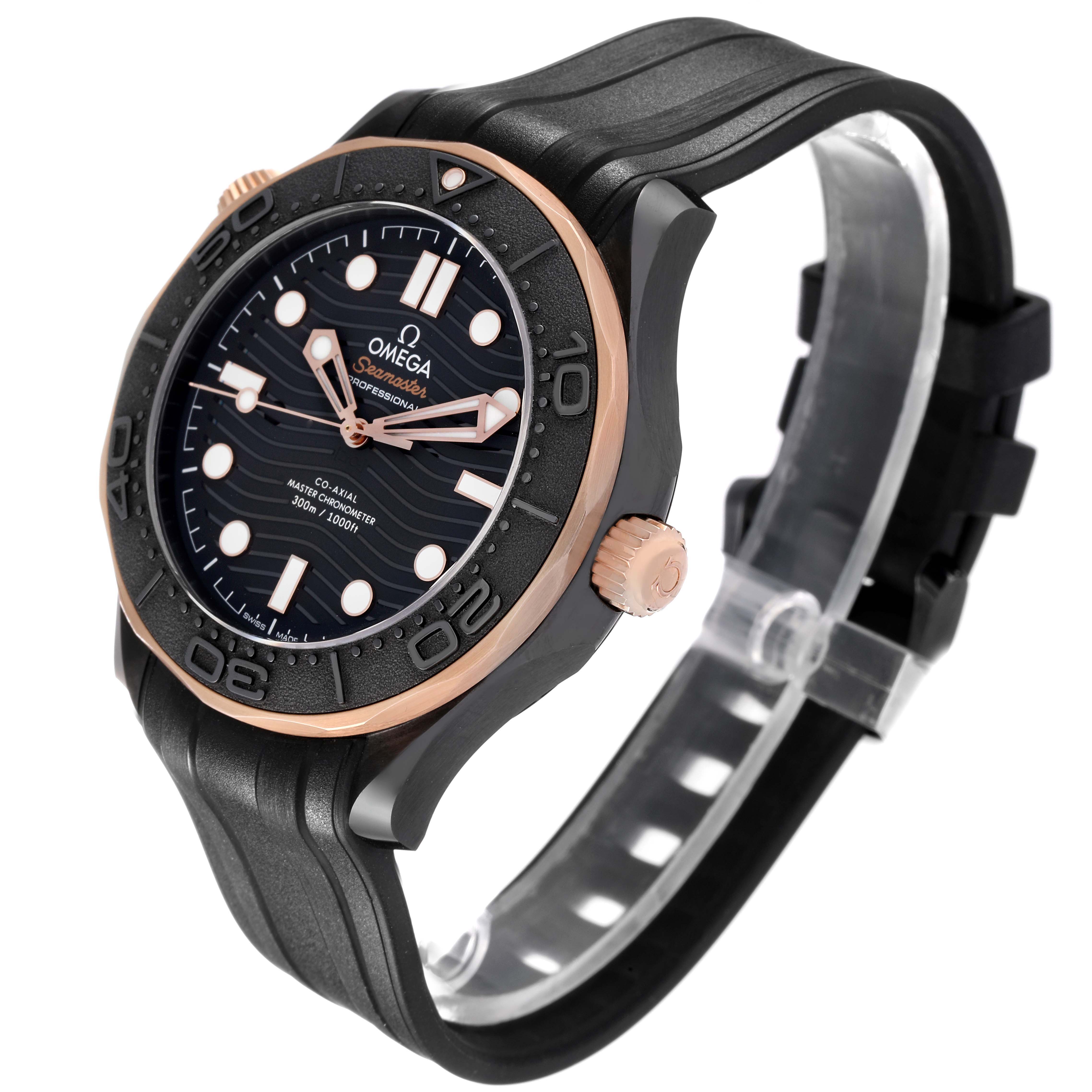 The Omega Seamaster 210.62.44.20.01.001 Men's Ceramic Black Dial watch is shown at a slight angle, highlighting its face, black rubber strap, and rose gold bezel.