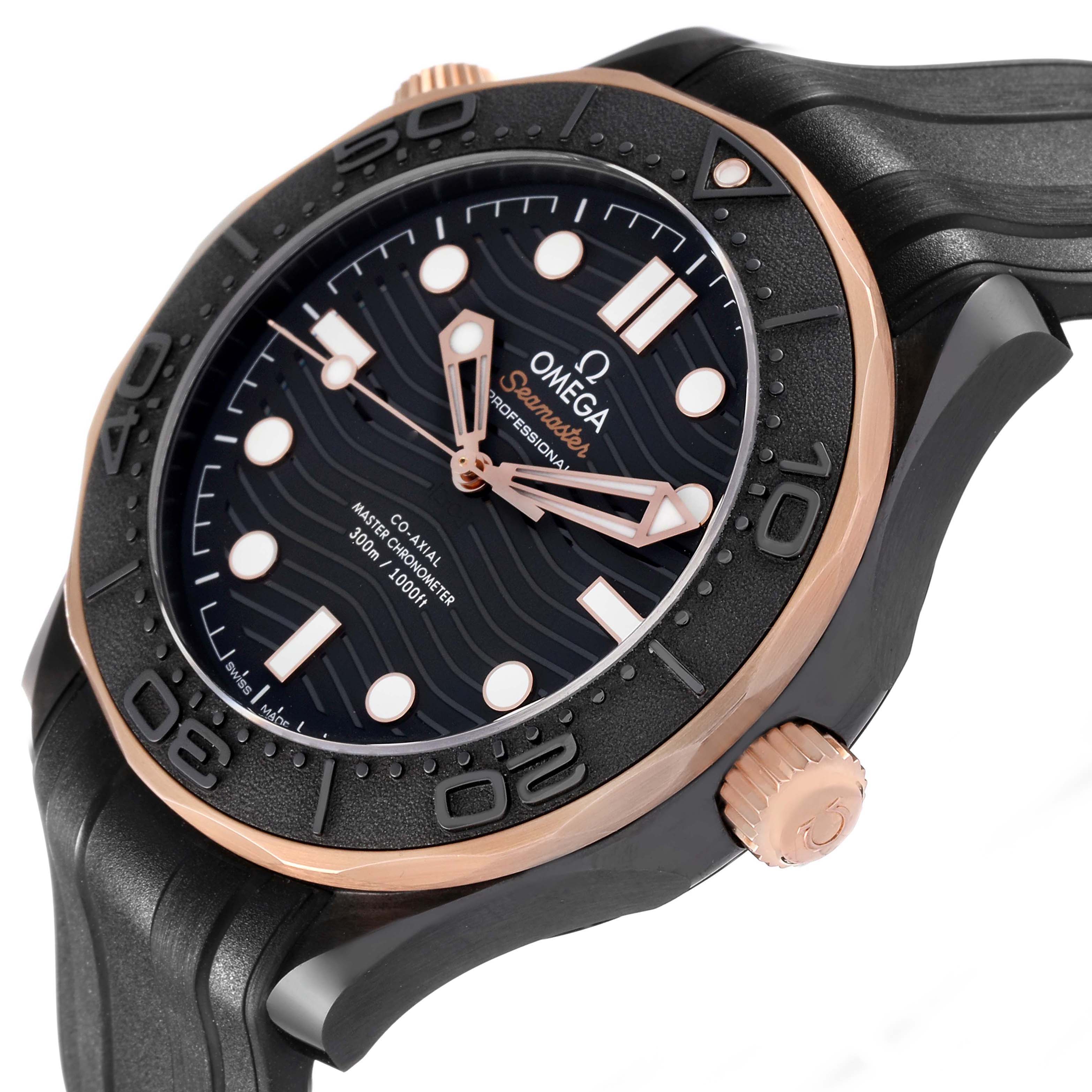 The Omega Seamaster 210.62.44.20.01.001 Men's Ceramic Black Dial watch is shown from a three-quarter angle, displaying the face, bezel, and crown.