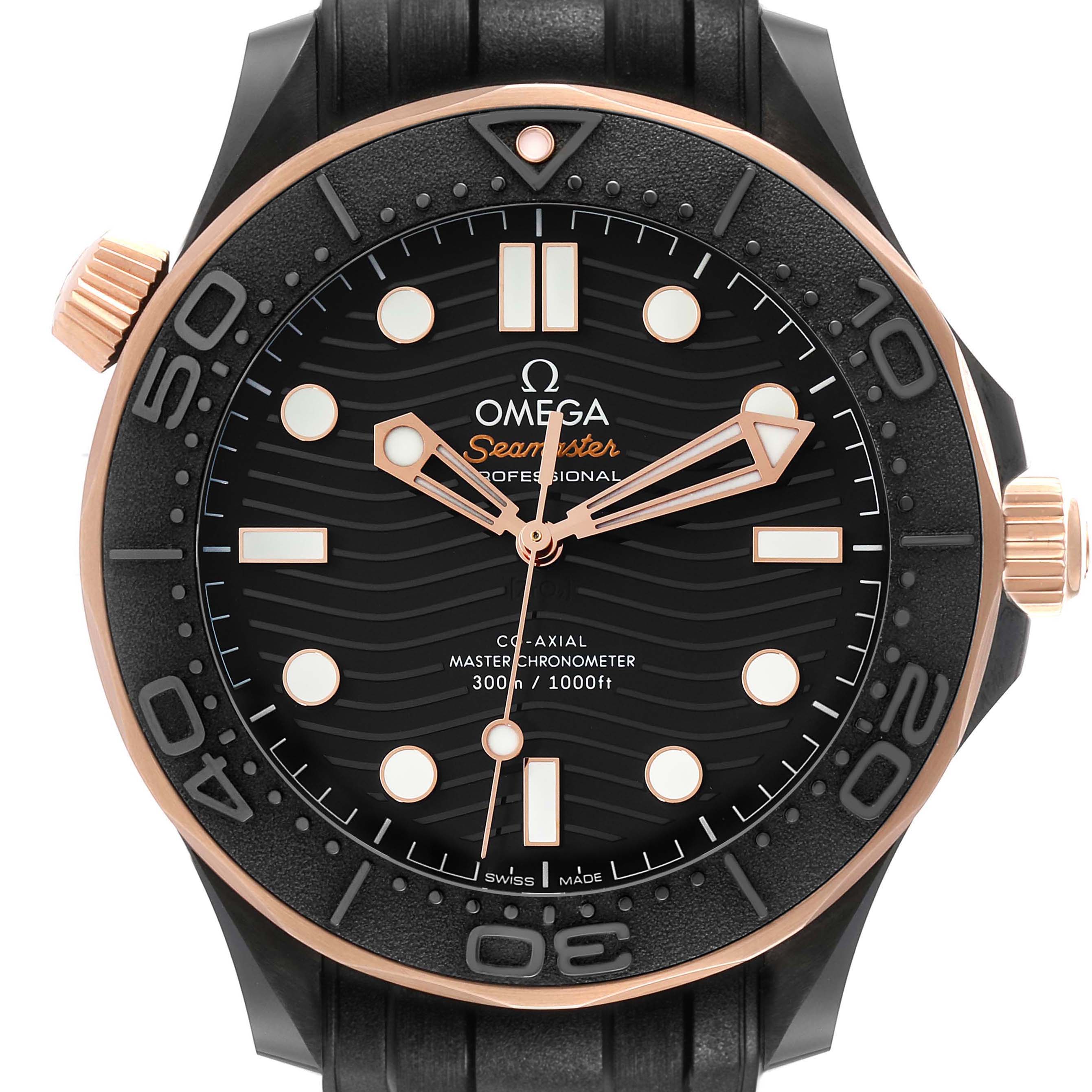 The Omega Seamaster 210.62.44.20.01.001 Men's Ceramic Black Dial watch is shown from the front, highlighting its black dial, rose gold accents, and black strap.