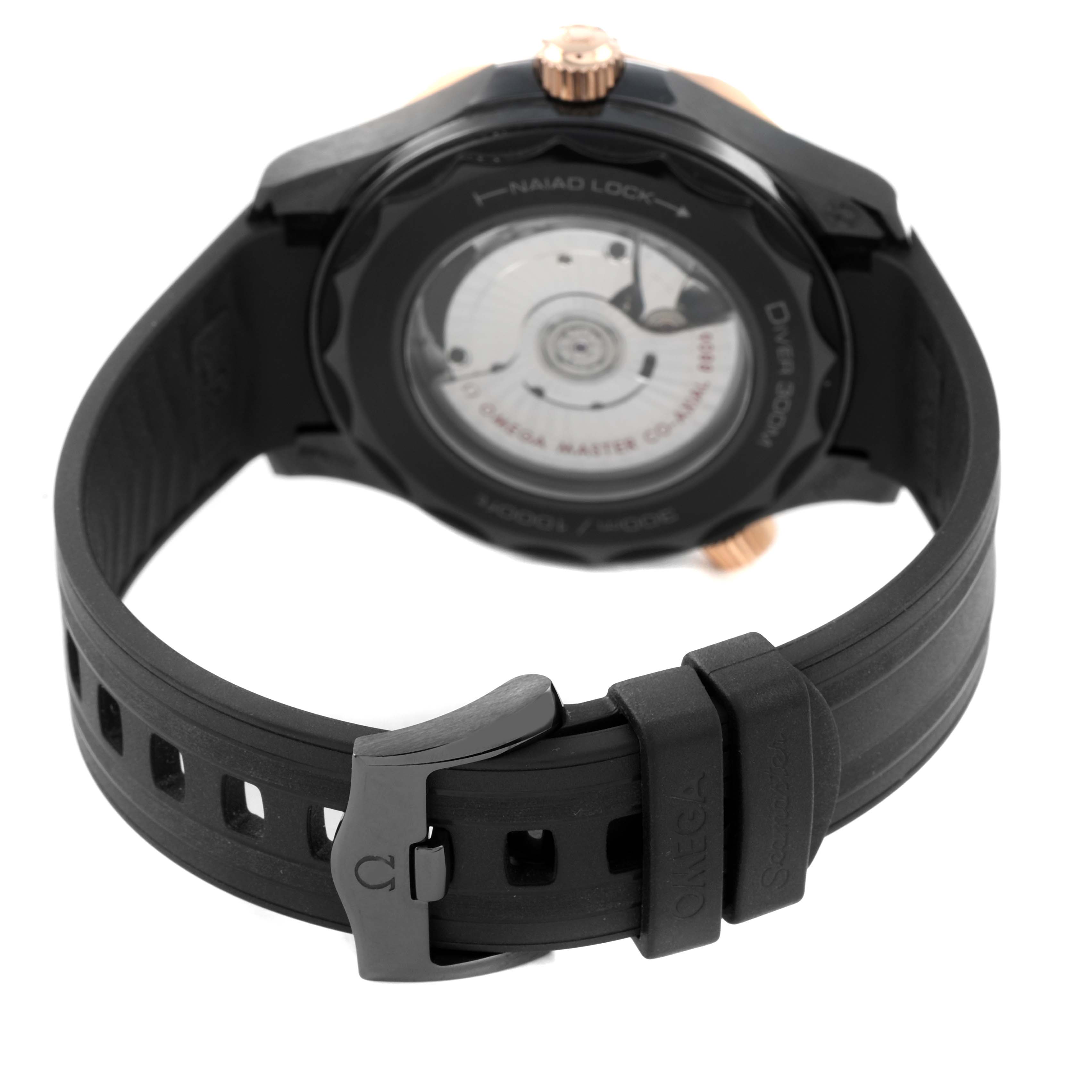 The image shows the back view of the Omega Seamaster 210.62.44.20.01.001 Men's Ceramic Black Dial watch, highlighting the strap and see-through case back.