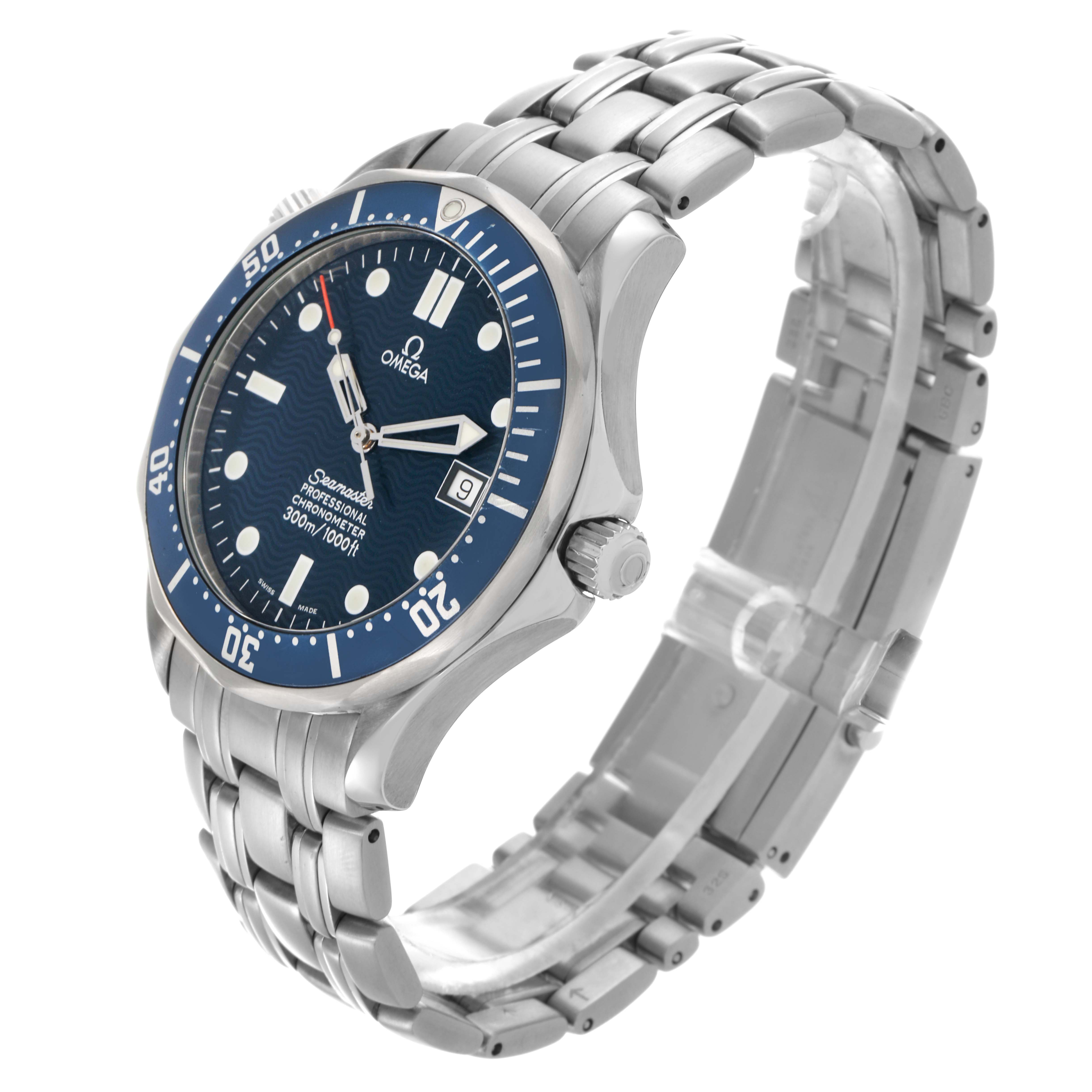 The Omega Seamaster 2531.80.00 Men
s Stainless Steel Blue Dial 2531.80.00 Men
s Stainless Steel Blue Dial watch is shown at a three-quarter angle, highlighting its bezel, dial, crown, and stainless steel bracelet.