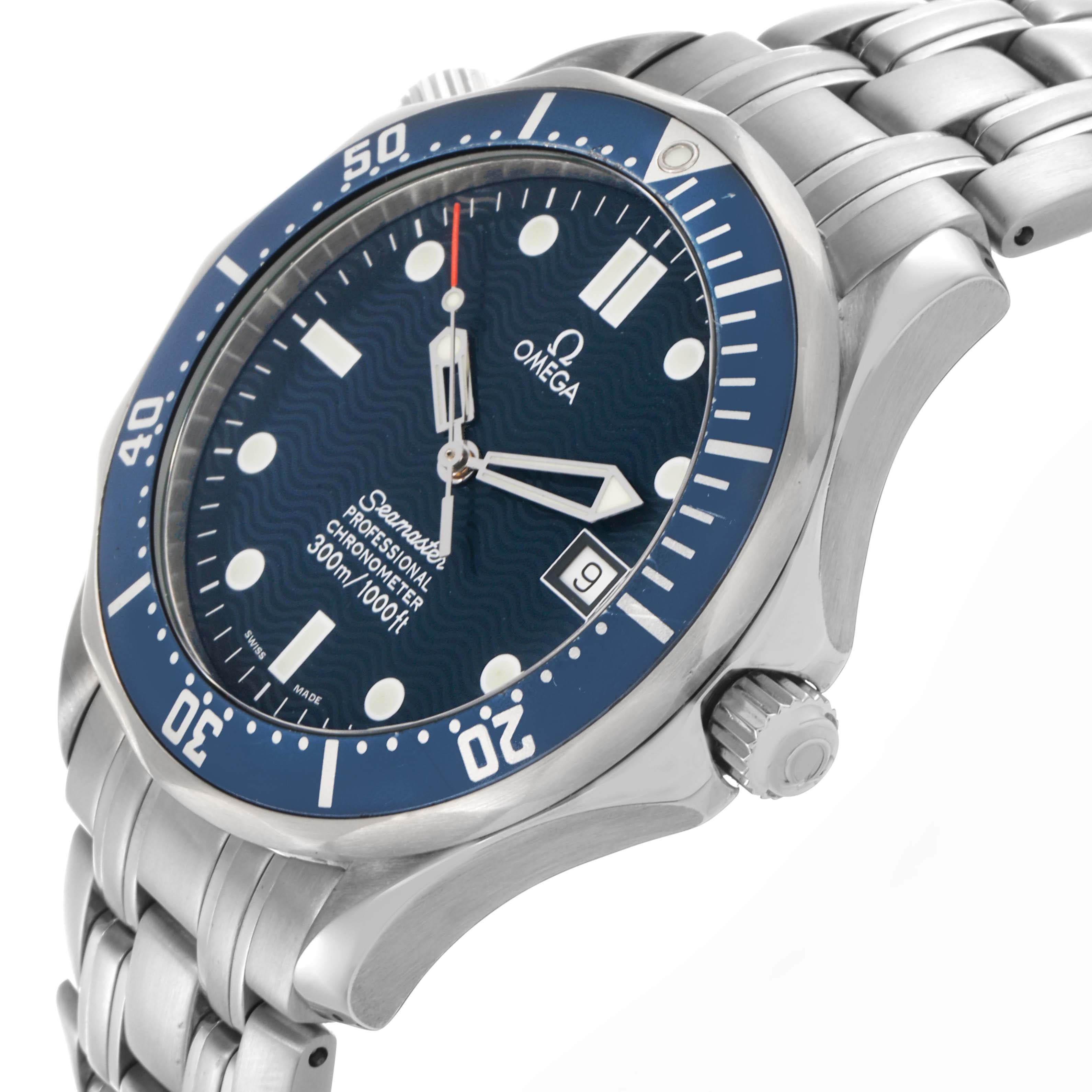 The Omega Seamaster 2531.80.00 Men
s Stainless Steel Blue Dial 2531.80.00 Men
s Stainless Steel Blue Dial watch is shown from an angled side view, highlighting the crown, bezel, face, and part of the bracelet.