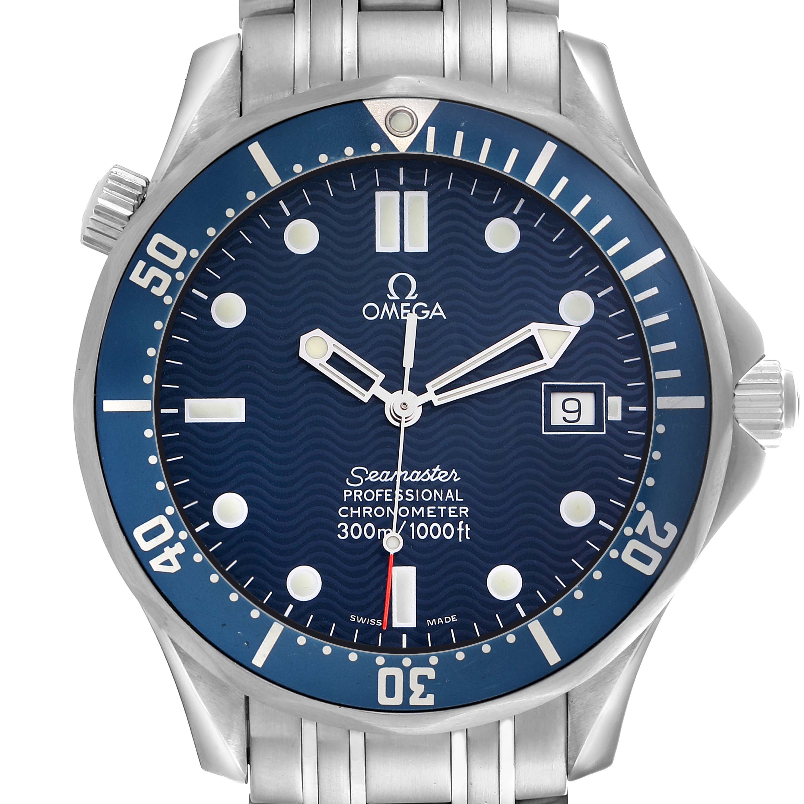 The image shows a frontal view of the Omega Seamaster 2531.80.00 Men
s Stainless Steel Blue Dial 2531.80.00 Men
s Stainless Steel Blue Dial watch, highlighting its face, bezel, and bracelet.
