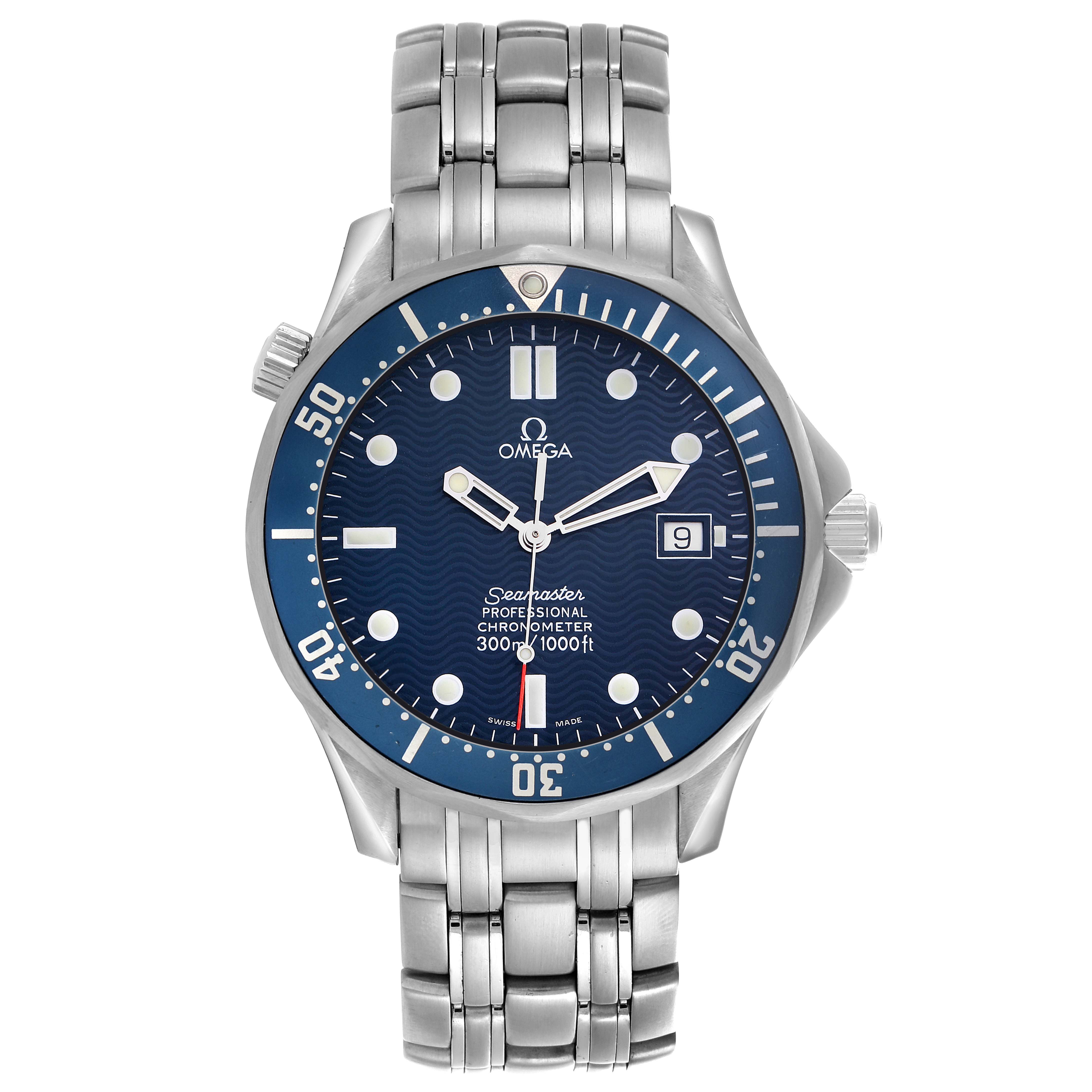 The Omega Seamaster 2531.80.00 Men
s Stainless Steel Blue Dial 2531.80.00 Men
s Stainless Steel Blue Dial watch is shown from a front view, displaying the dial, bezel, bracelet, and crown.