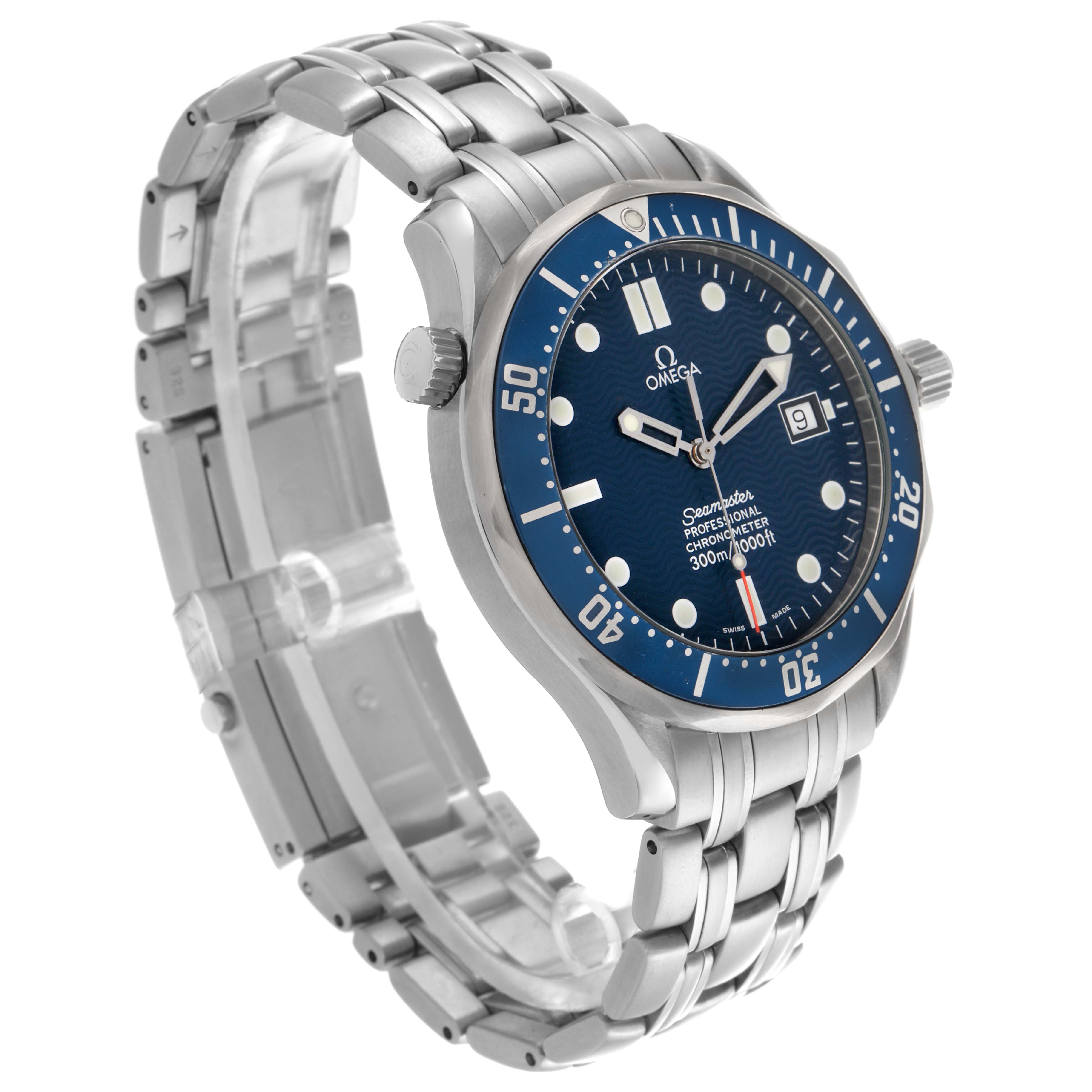 The Omega Seamaster 2531.80.00 Men
s Stainless Steel Blue Dial 2531.80.00 Men
s Stainless Steel Blue Dial watch is angled to show the face, bezel, crown, and part of the bracelet.