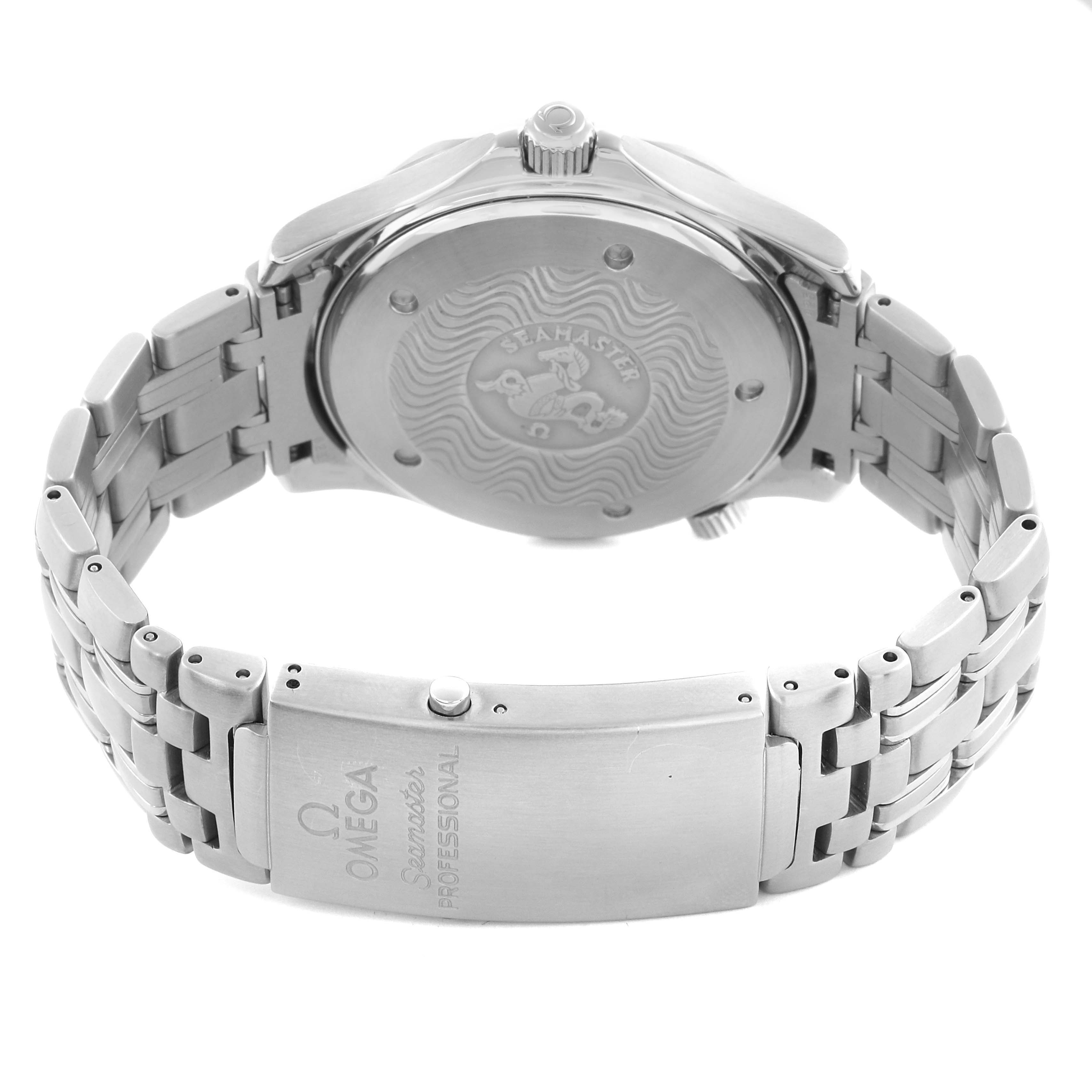 The Omega Seamaster 2531.80.00 Men
s Stainless Steel Blue Dial 2531.80.00 Men
s Stainless Steel Blue Dial watch is shown from the back, highlighting the case back and metal bracelet with clasp.