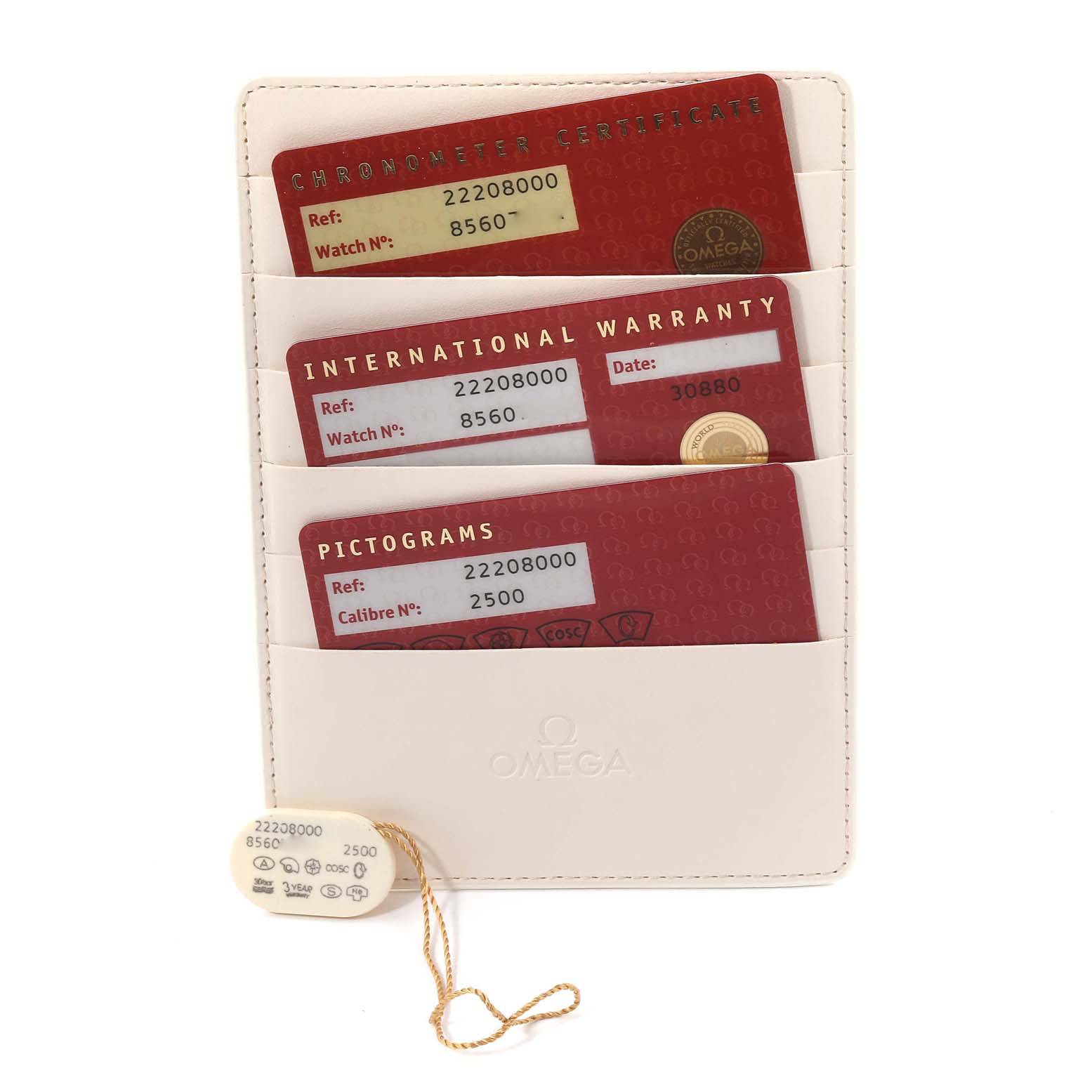 The image shows the warranty cards, chronometer certificate, and a tag for the Omega Seamaster 2220.80.00 Men's Stainless Steel Blue Dial 2220.80.00 Men's Stainless Steel Blue Dial watch, presented in a white cardholder.