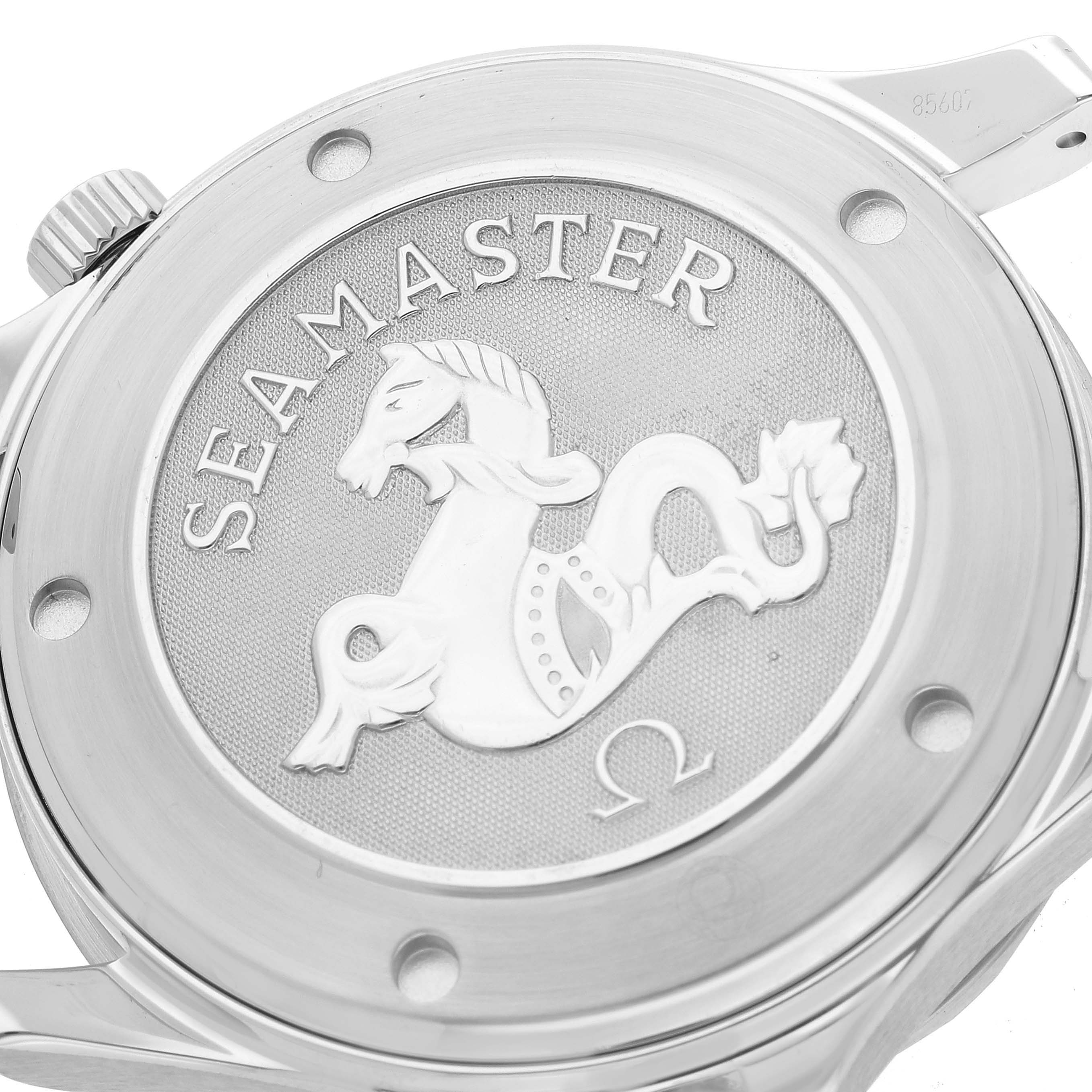 This image shows the case back of an Omega Seamaster 2220.80.00 Men's Stainless Steel Blue Dial 2220.80.00 Men's Stainless Steel Blue Dial watch, featuring its emblem and the crown partially visible.