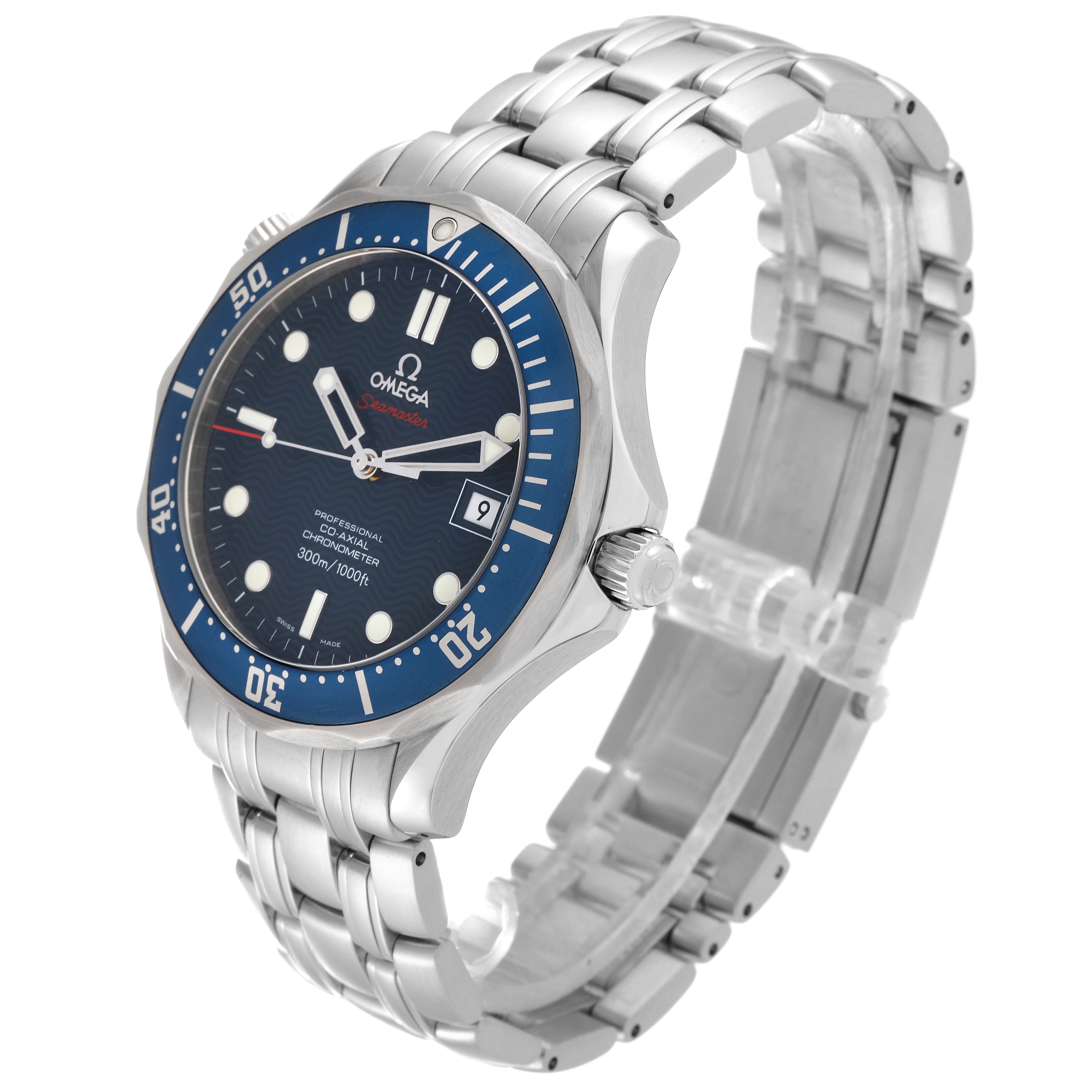 The Omega Seamaster 2220.80.00 Men's Stainless Steel Blue Dial 2220.80.00 Men's Stainless Steel Blue Dial watch is shown at a three-quarter angle, detailing its face, bezel, crown, and metal bracelet.