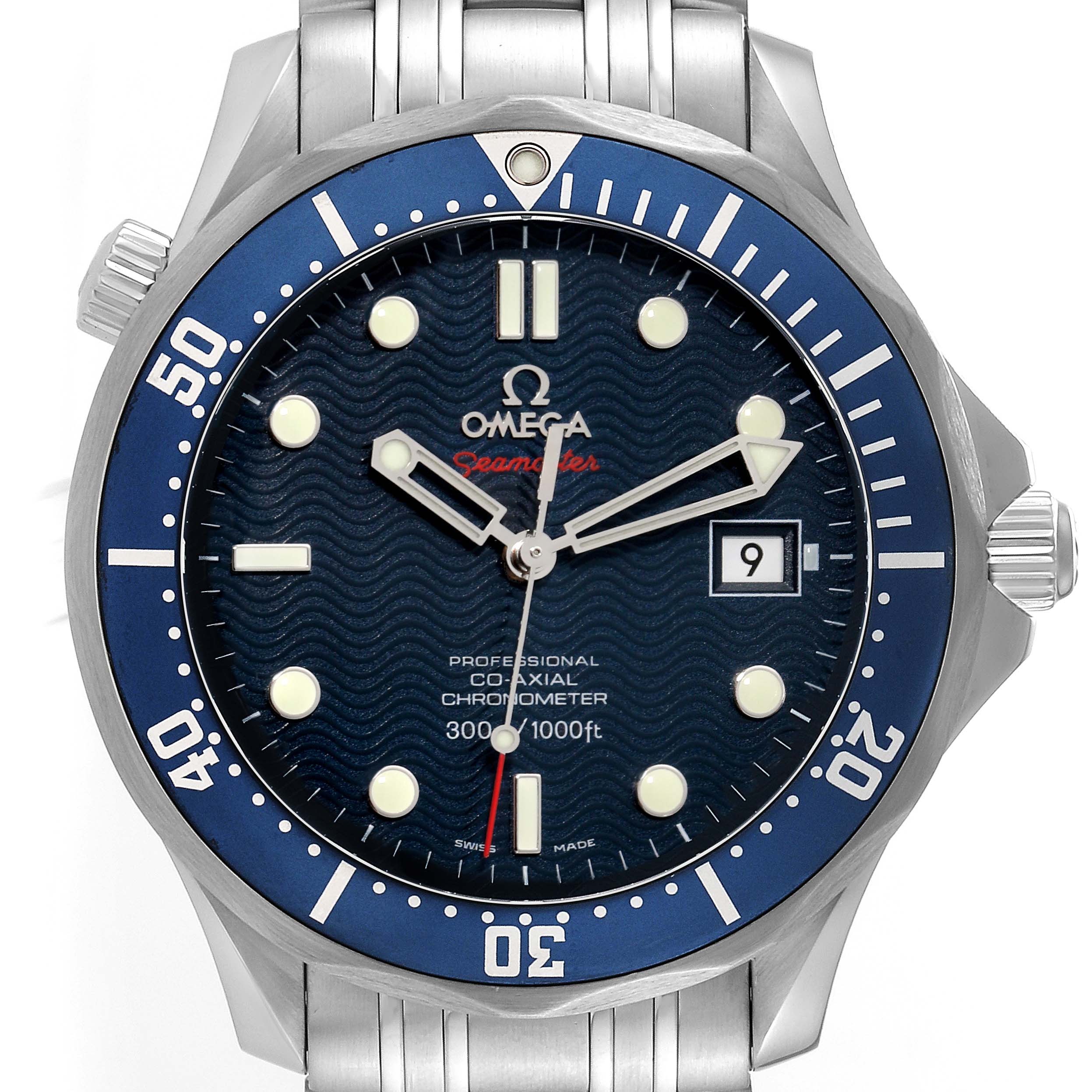 The image shows a front view of an Omega Seamaster 2220.80.00 Men's Stainless Steel Blue Dial 2220.80.00 Men's Stainless Steel Blue Dial watch, highlighting its dial, date window, and bracelet.