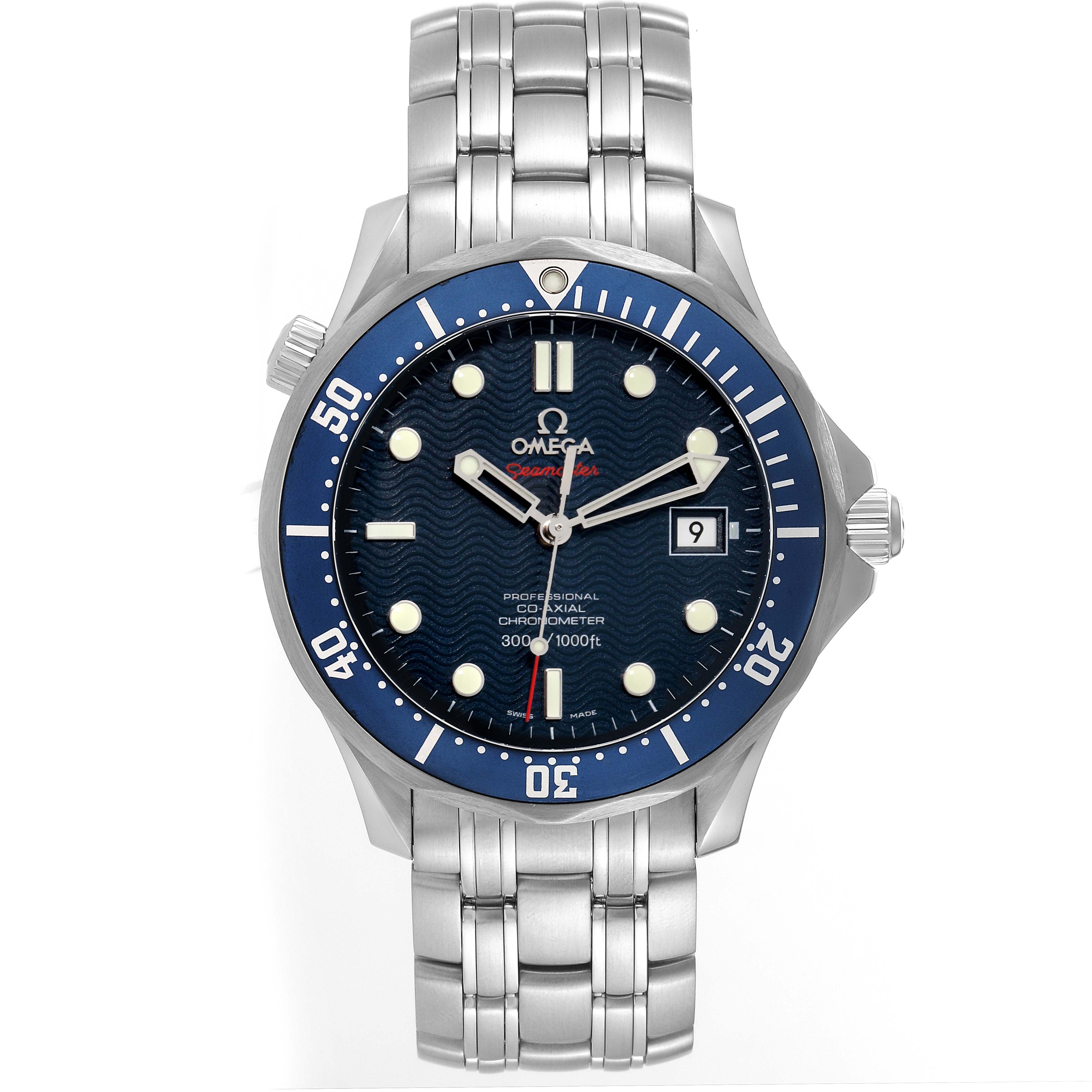 The image shows a front view of an Omega Seamaster 2220.80.00 Men's Stainless Steel Blue Dial 2220.80.00 Men's Stainless Steel Blue Dial watch with a blue dial, bezel, and steel bracelet.